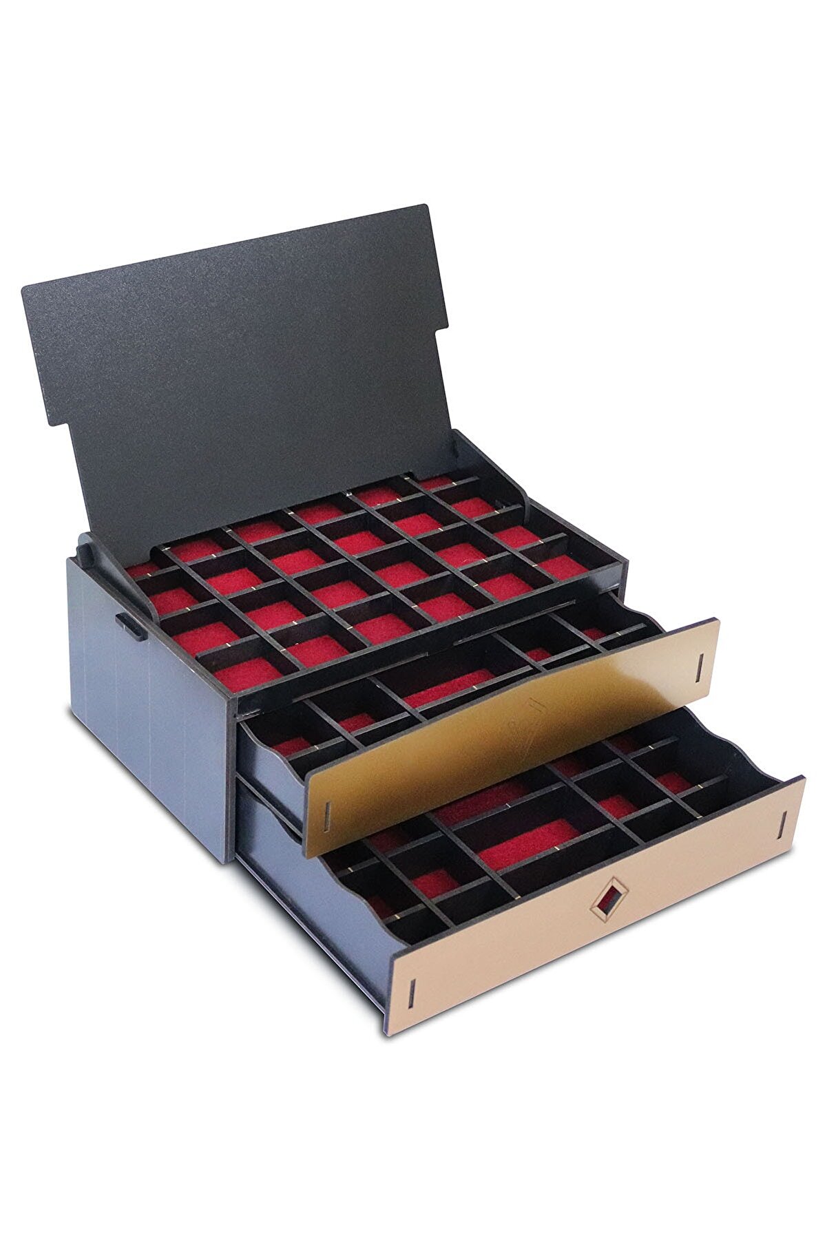 Design OTTO Luna 64 Bölmeli Makyaj Takı Koleksiyon Saat Dikiş Aksesuar Tespih Kutusu Düzenleyici Organizer Siyah