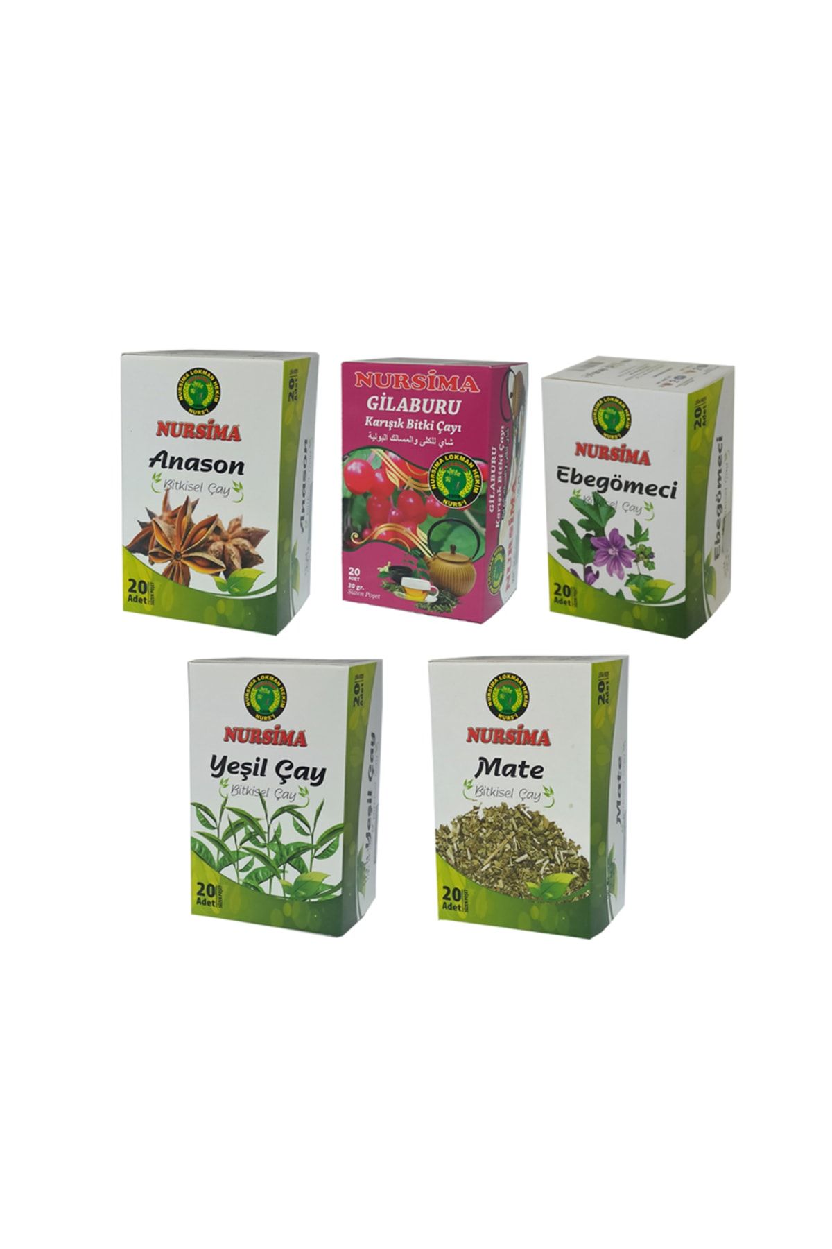Nursima Yeşil Çaylı Bitki Çayı Seti 5 Adet X 20 Li