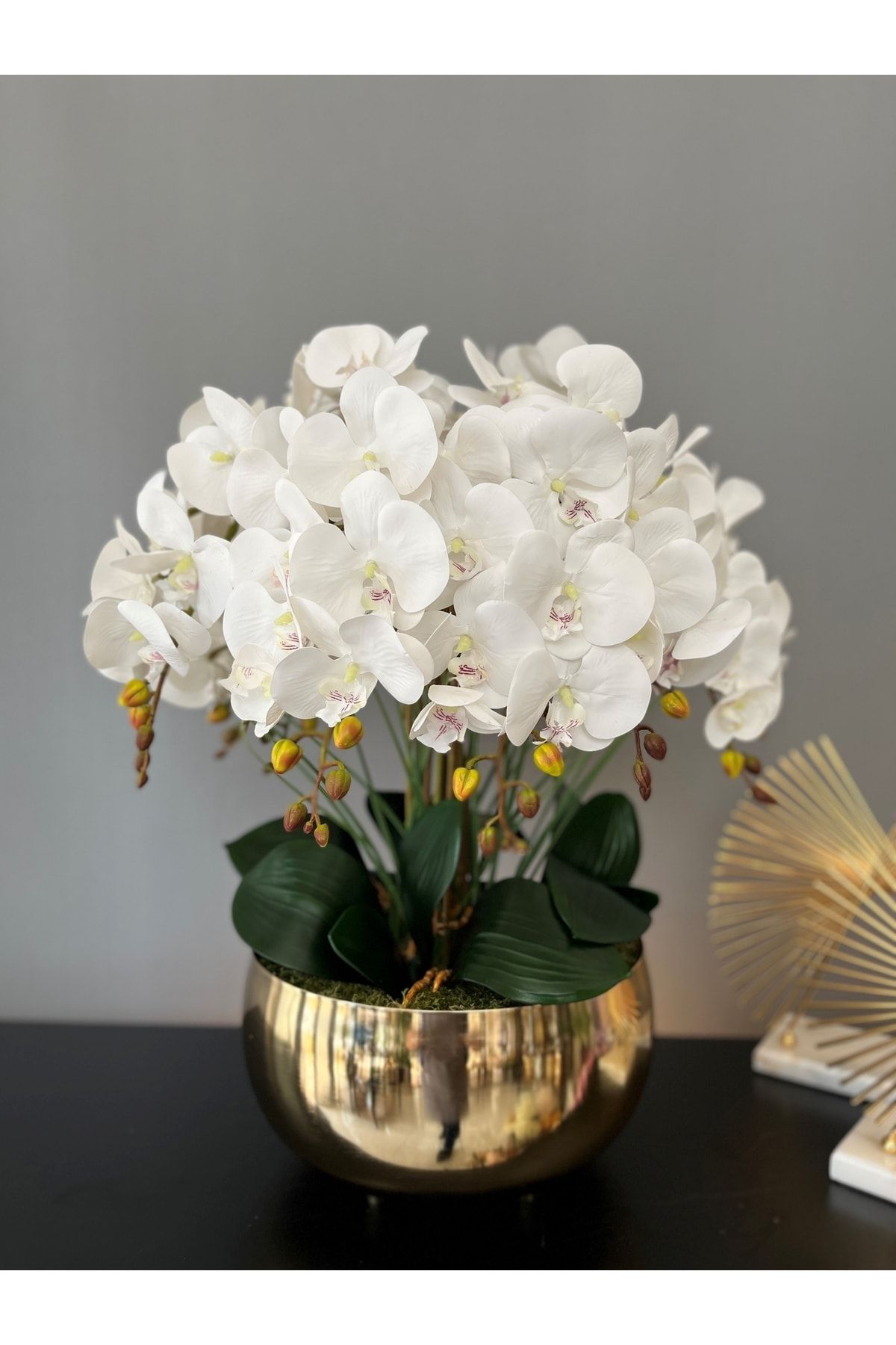 LİLOTEHOME 10 Dal Islak Lateks Dokulu Orkide Aranjman Japon Model Parlak Gold Renk Saksı