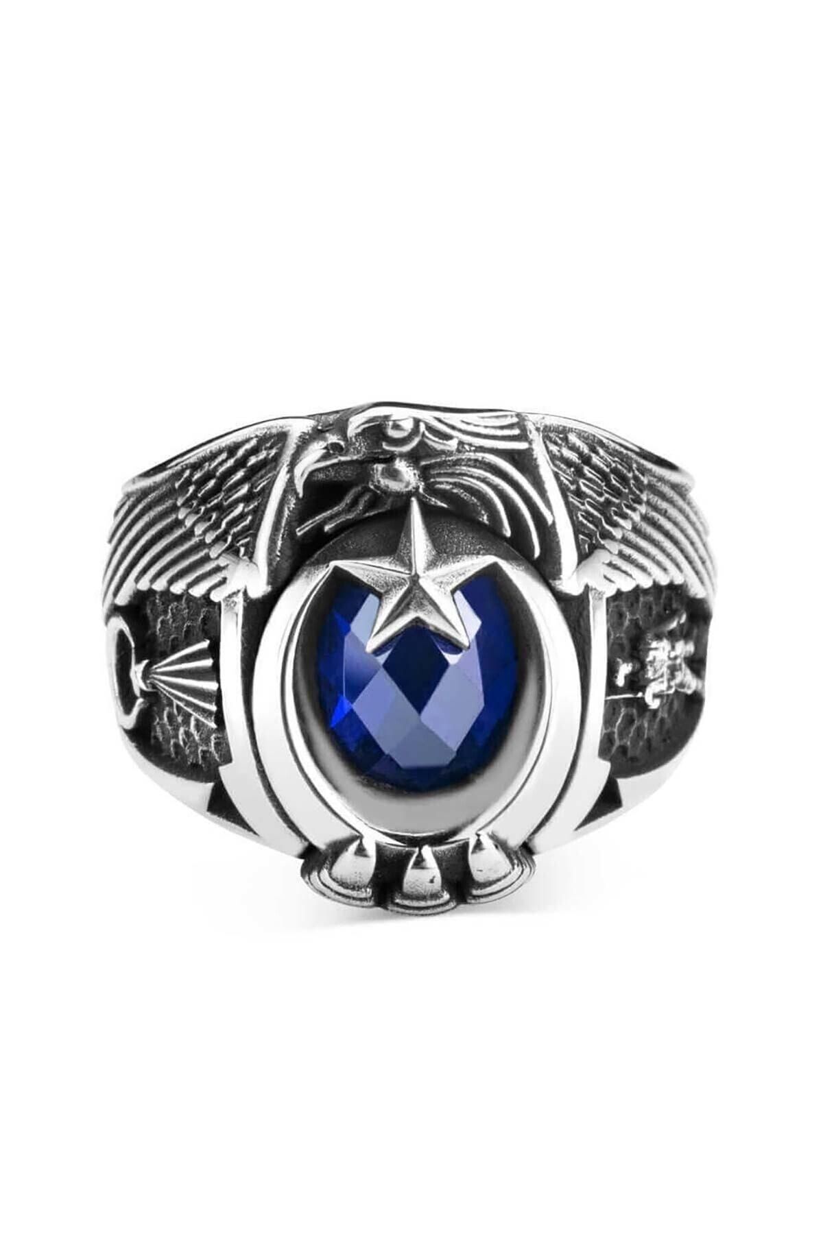 Anı Yüzük Jandarma Şualı Asker Figürlü Devre Yüzüğü Mavi Taşlı