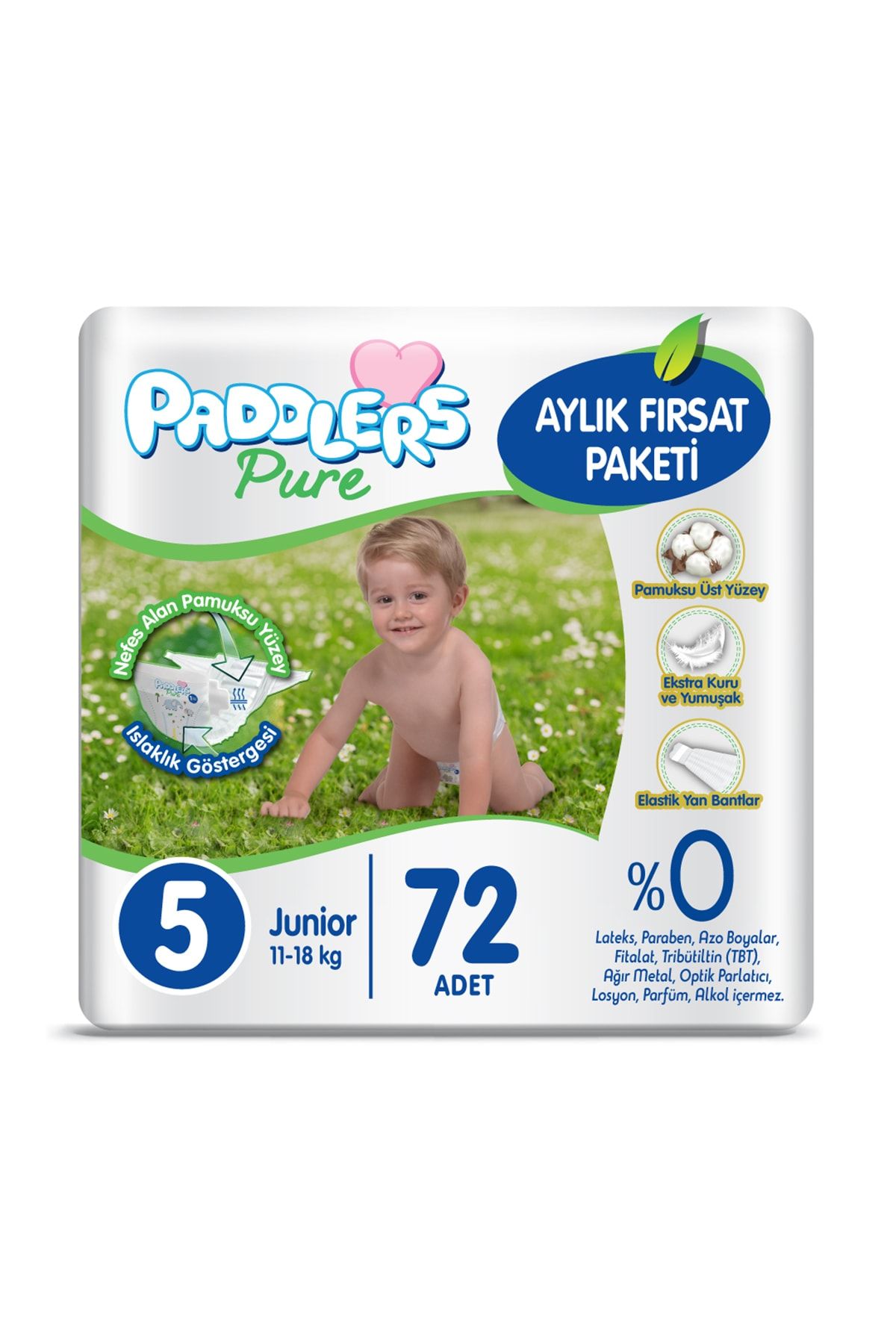 Paddlers Pure Bebek Bezi 5 Numara Junior 72 Adet (11-18 Kg ) Aylık Fırsat Paketi