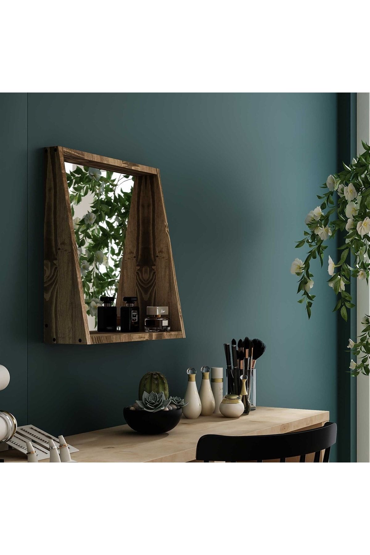 Woodesk Pastel Masif Ceviz Renk 50x40 Makyaj Aynası