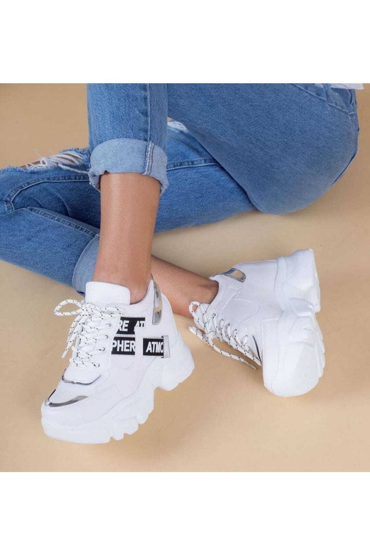 Afilli Kadın Beyaz Gizli Yüksek Taban Dolgu Platform Topuk Günlük Parlak Sneaker Spor Ayakkabı