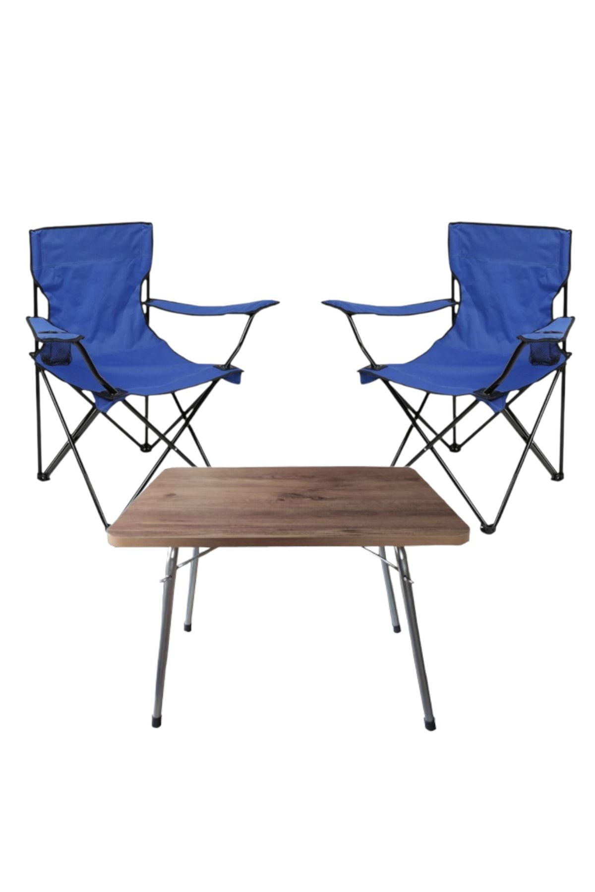 Tedarikcenter 2 Adet Katlanır Kamp Sandalyesi Mavi 1 Adet 60x45 Katlanır Kamp Masası Meşe