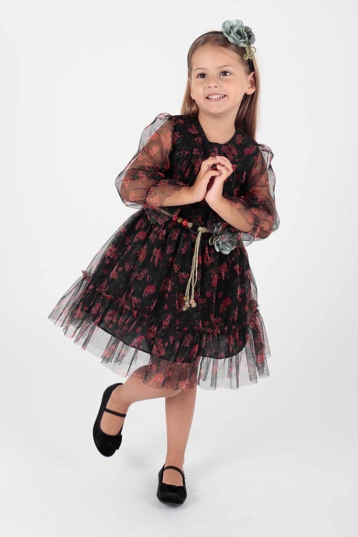 AHENGİM Kız Çocuk Elbise Taçlı Elbise Kemerli Elbise Çiçek Baskılı Tüllü Ak2202