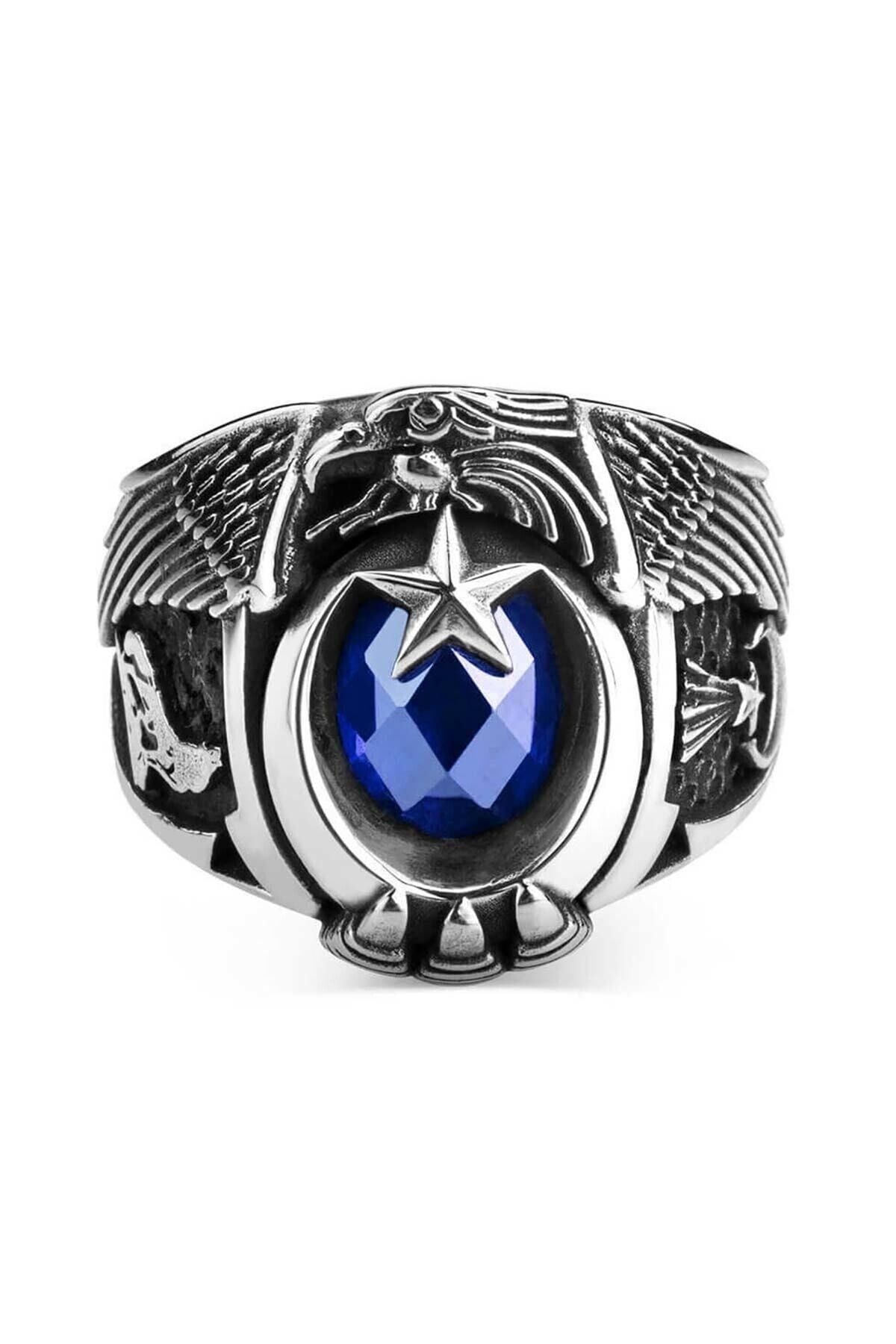 Anı Yüzük Jandarma Şualı Bozkurt Figürlü Devre Yüzüğü Mavi Taşlı