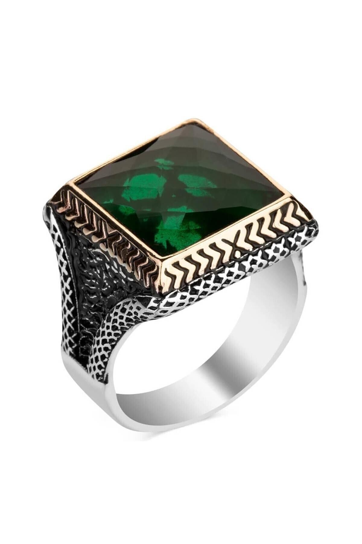 Anı Yüzük Erkek Yeşil Zirkon Taşlı Kare Tasarım Gümüş Yüzüğü