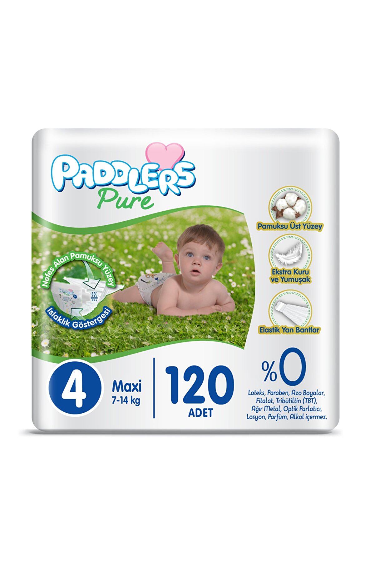 Paddlers Pure Bebek Bezi 4 Numara Maxi 120 Adet 7-14 kg Süper Fırsat Paketi