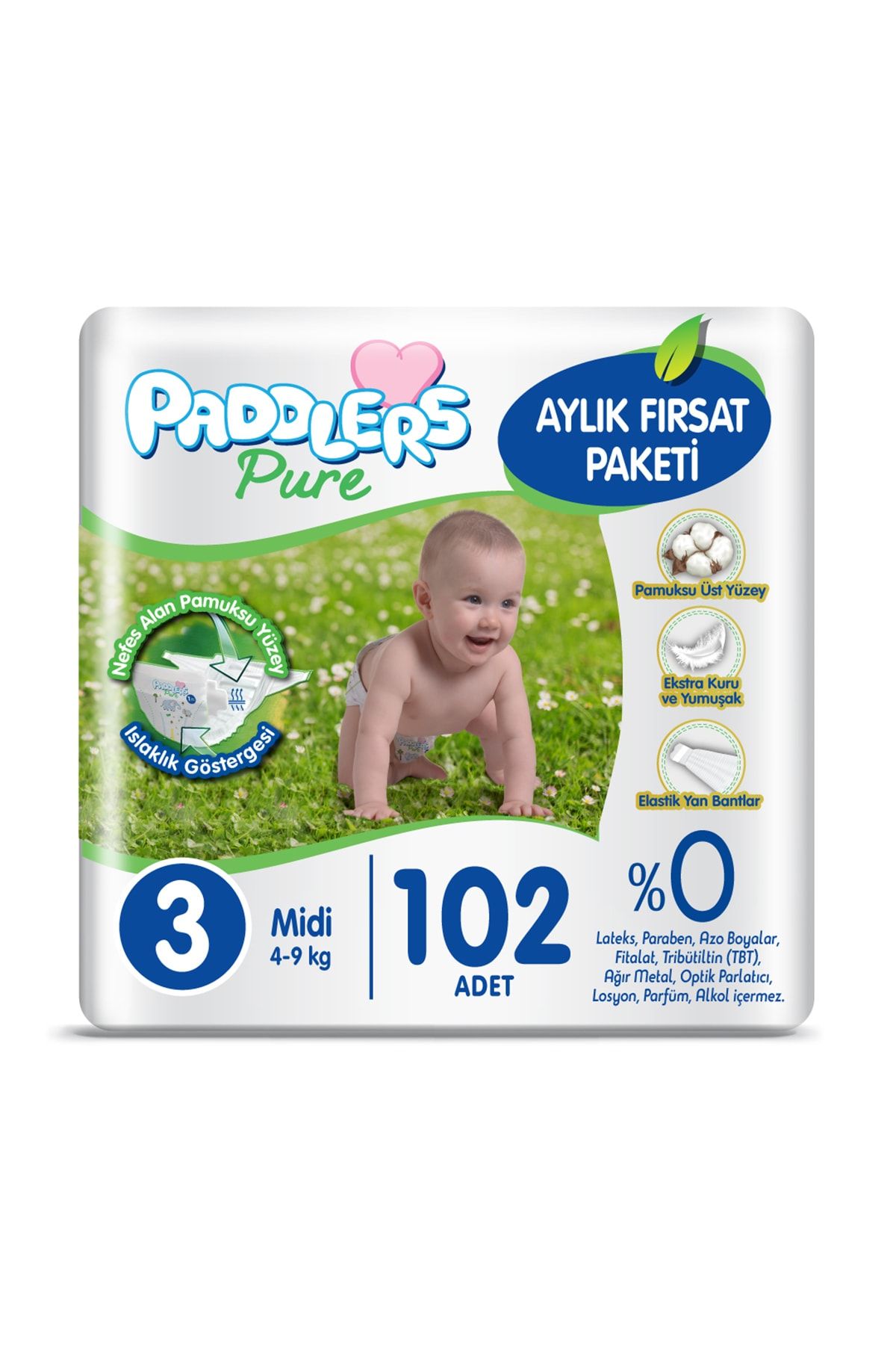 Paddlers Pure Bebek Bezi 3 Numara Midi 102 Adet ( 4-9 Kg) Aylık Fırsat Paketi