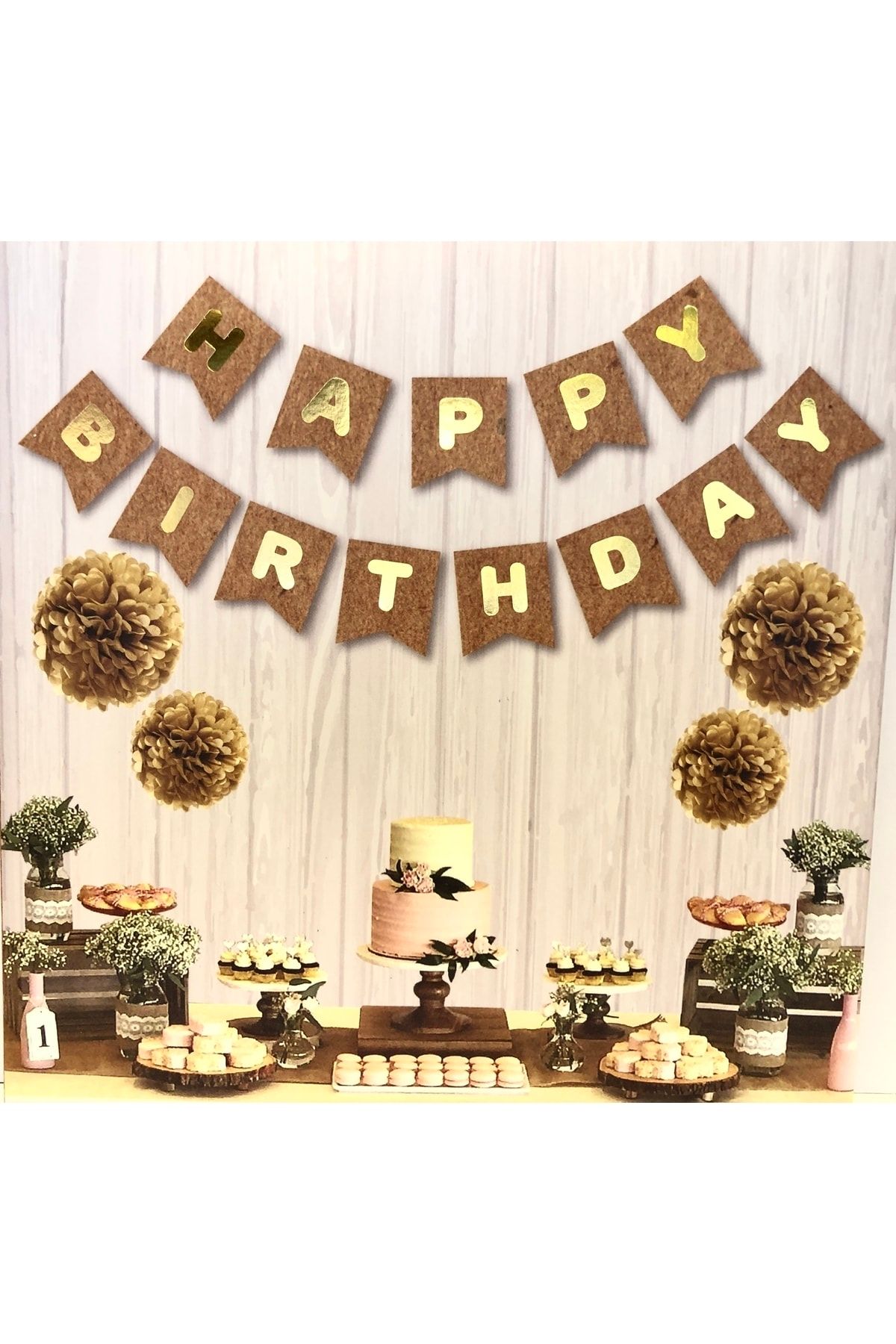 Huzur Party Store Kraft Karton Üstüne Gold Altın Sarısı Yaldızlı Happy Birthday Yazılı Doğum Günü Partisi Yazı Banner