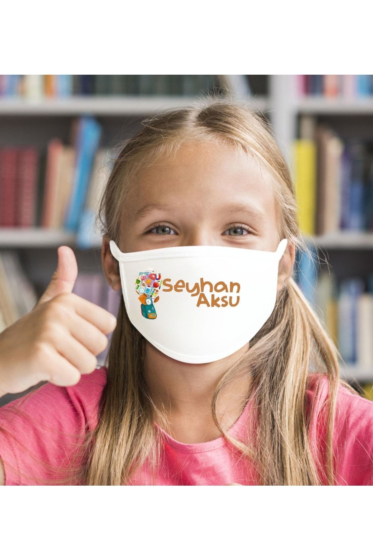 Bk Gift Çocuklara Özel Isimli Yıkanabilir Beyaz Okul Maskesi-3