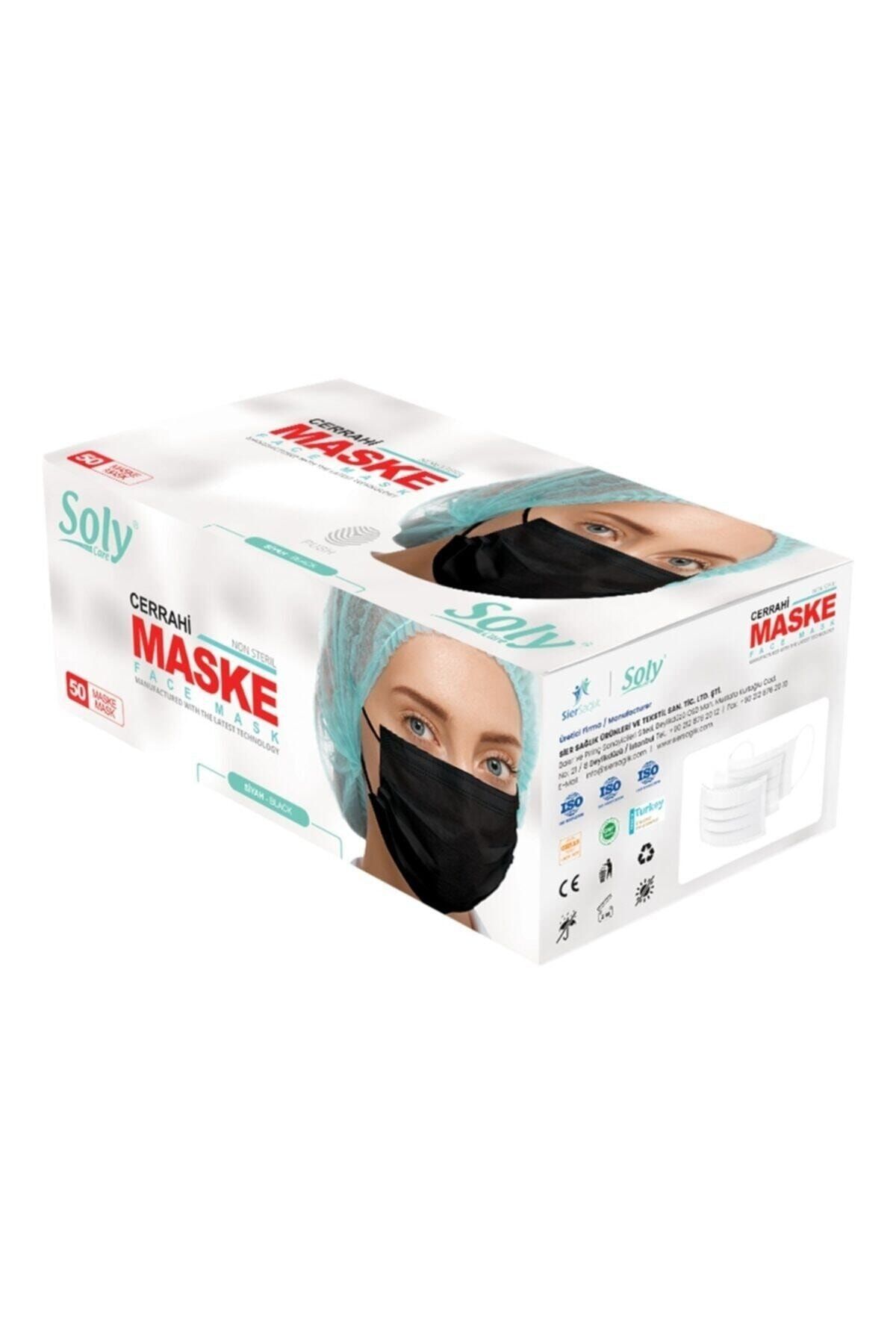 Soly "siyah" Care Cerrahi Maske 50 Adet (50'li 1 Kutu) Üç Katlı Lastikli Burun Telli