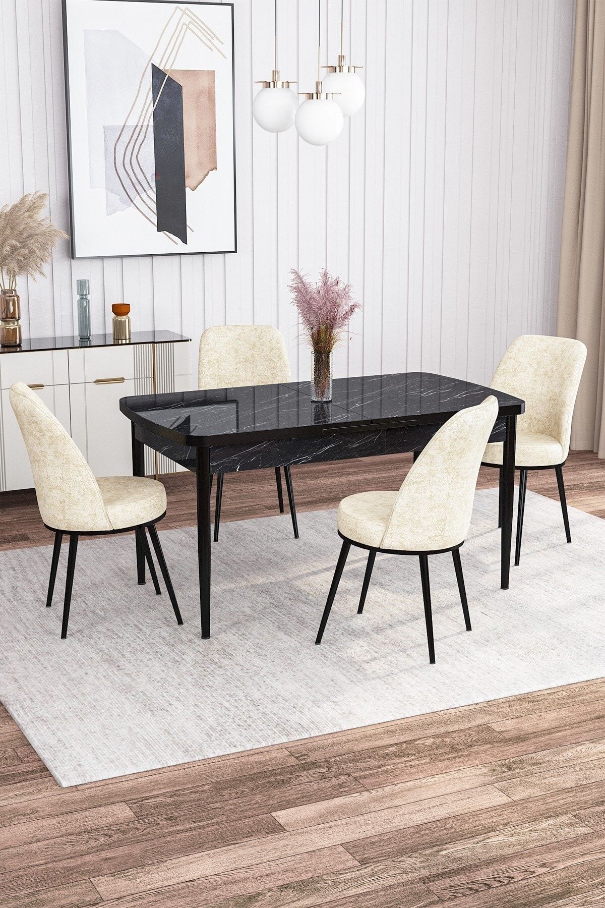 Rovena Marin Siyah Mermer Desen 80x132 Açılabilir Mutfak Masası Takımı 4 Sandalye