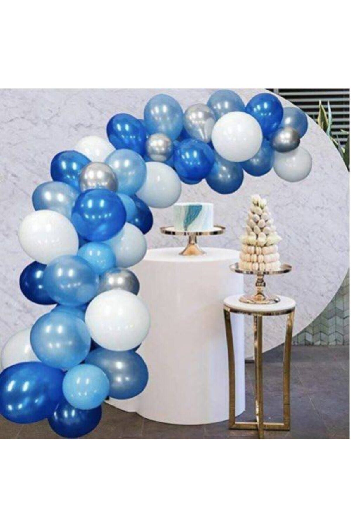 MERİ PARTİ Balon Parti 100 Adet Beyaz Mavi Gri Lacivert Metalik Balon Ve Balon Zinciri