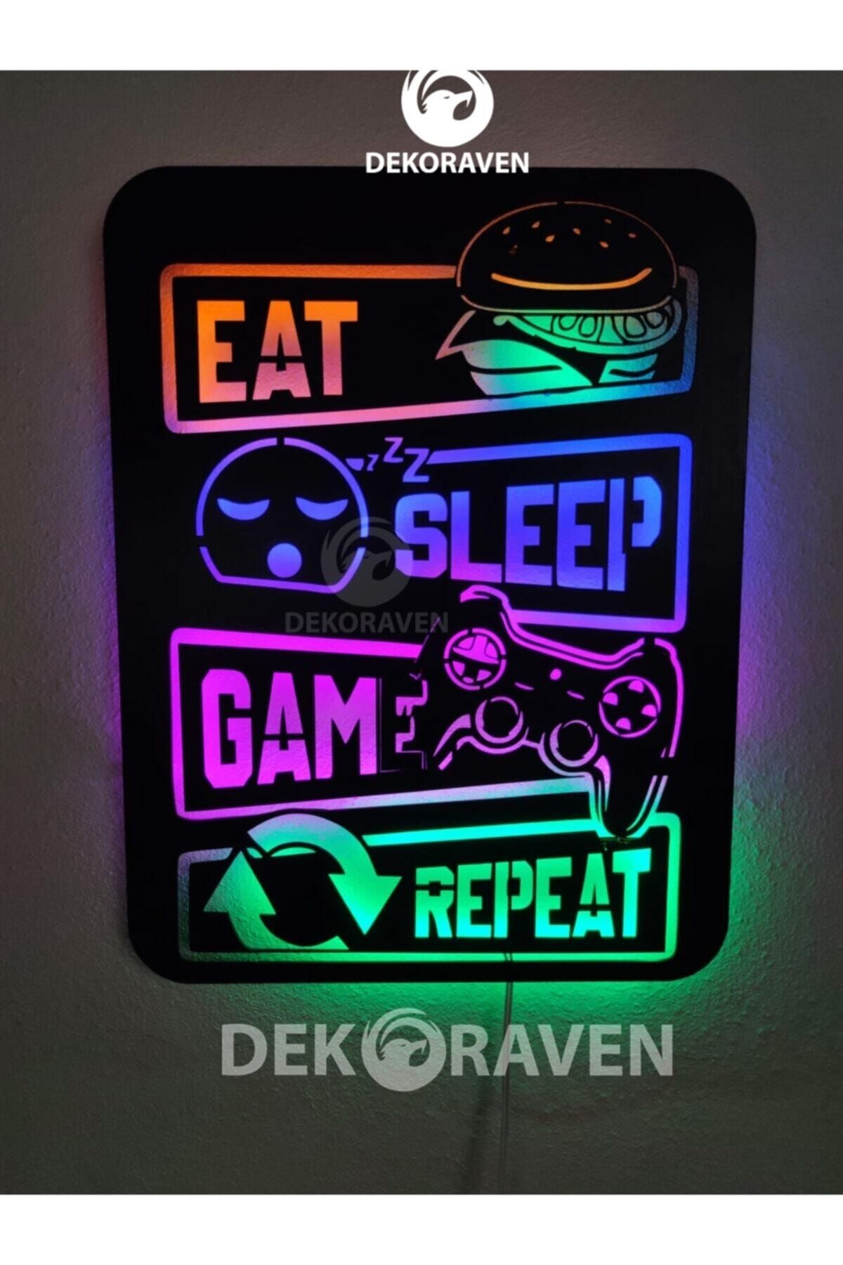 dekoraven Gamer Led Işıklı Ahşap Tablo -eat Sleep Game Repeat 55x40