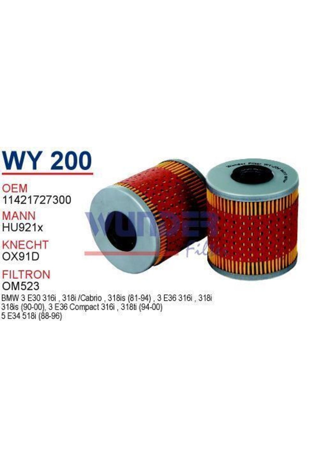 WUNDER Wy200 Yağ Filtresi - Bmw 3.16 I E30 - E36 M40