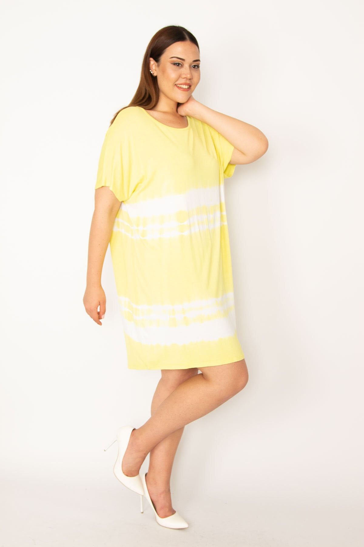 Şans Kadın Büyük Beden Sarı Batik Desenli Tunik Elbise 65n33970