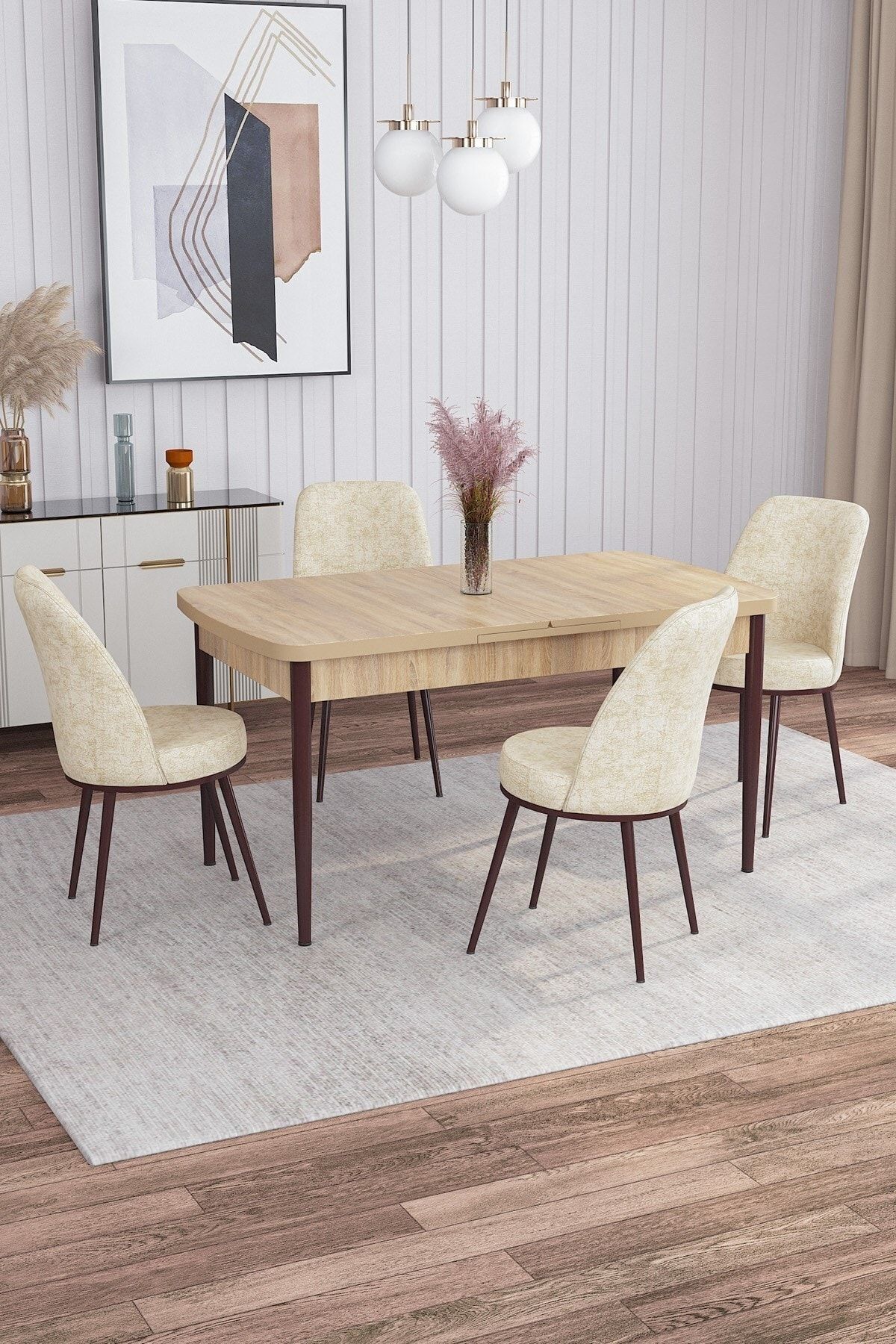 Rovena Marin Meşe Desen 80x132 Açılabilir Mutfak Masası Takımı 4 Adet Sandalye