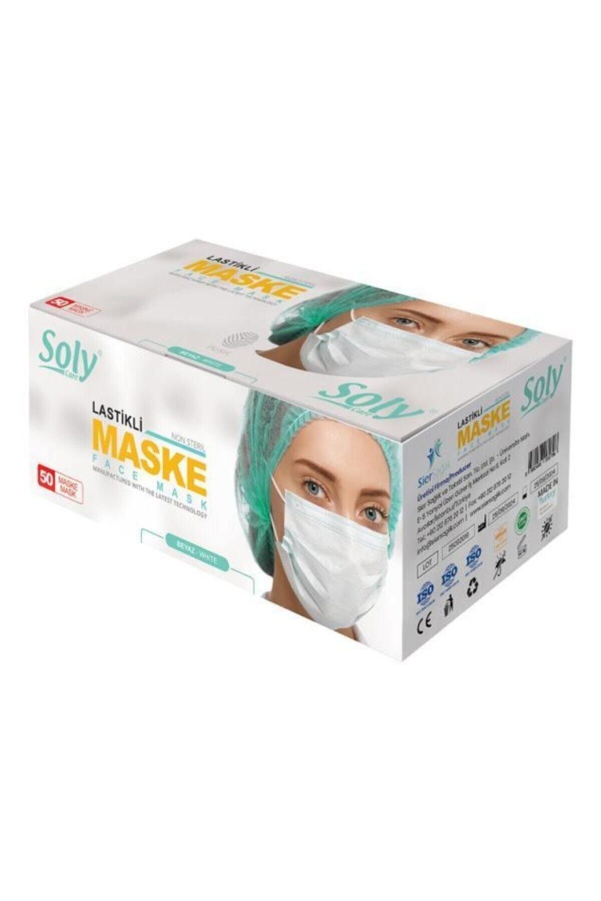 SOLY CARE Üç Katlı Lastikli Burun Telli Beyaz Cerrahi Maske 50 Adet 50'li 1 Kutu