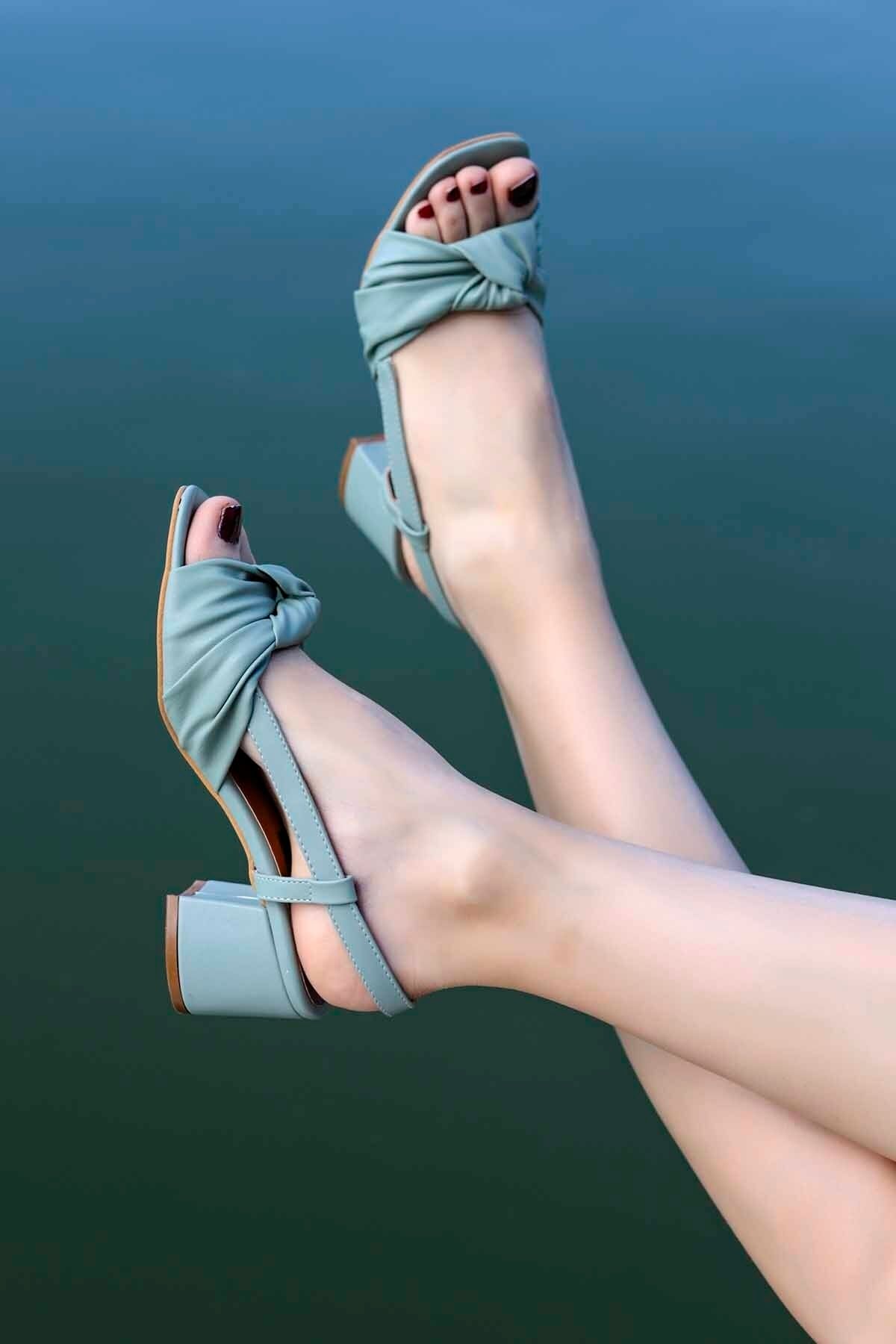Mamito Ayakkabı Bores Düğüm Detay Topuklu Sandalet Mint Yeşili