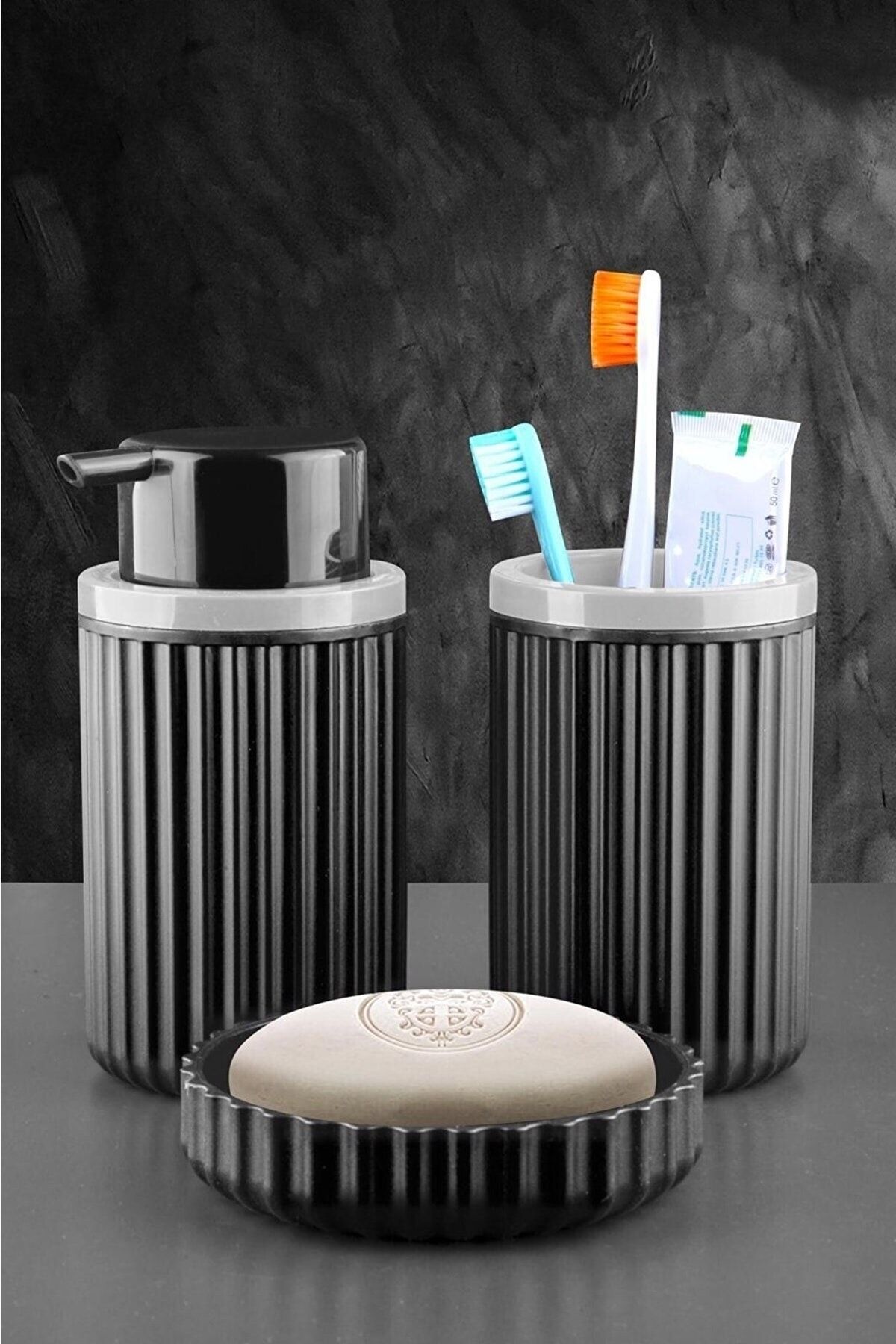 Sas Haus Banyo Takımı Diş Fırçalık Sıvı Sabunluk Katı Sabunluk 3'lü Set Siyah