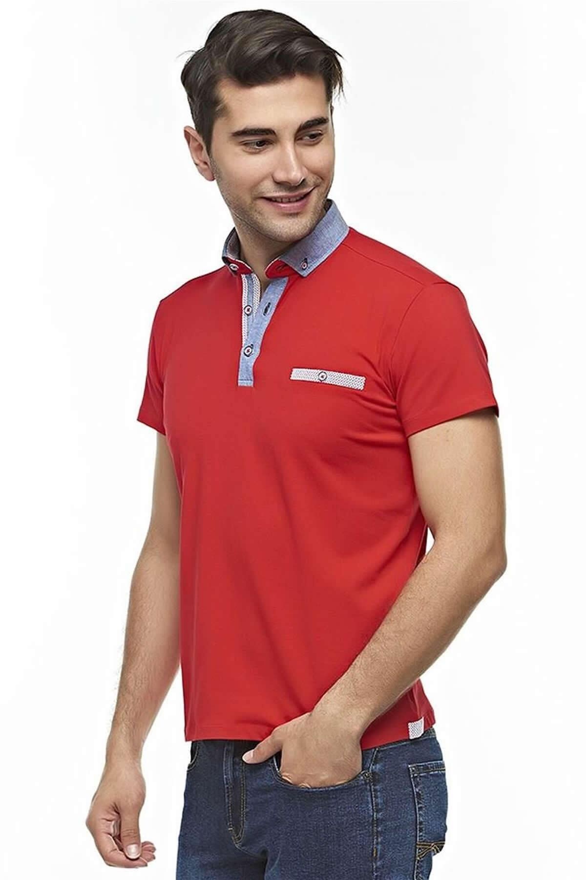 Ottomoda Erkek Düz Penye Kırmızı Kısa Kollu Polo T-shirt,at-p-21008