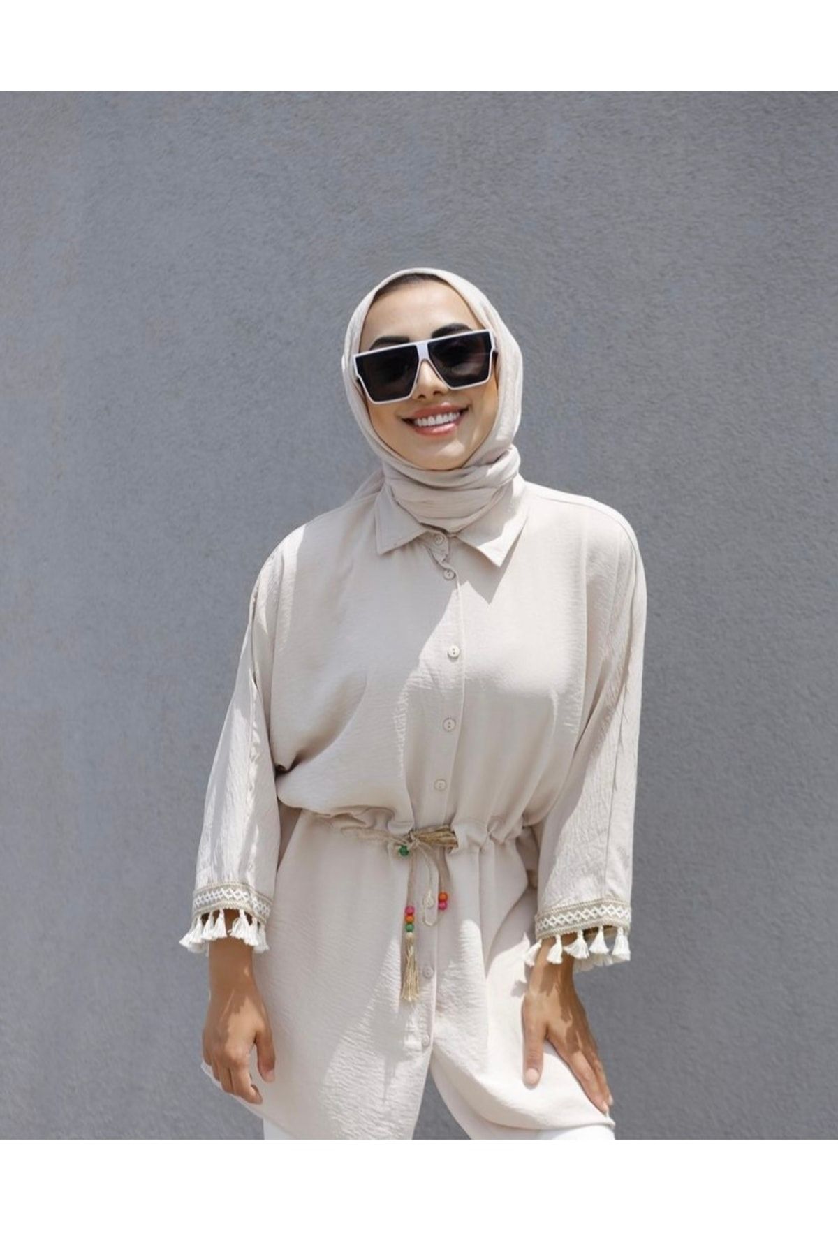 MaraSender Kadın Taş Kolları Püskül Detaylı Ip Kemerli Düğmeli Yakalı Gömlek Tunik