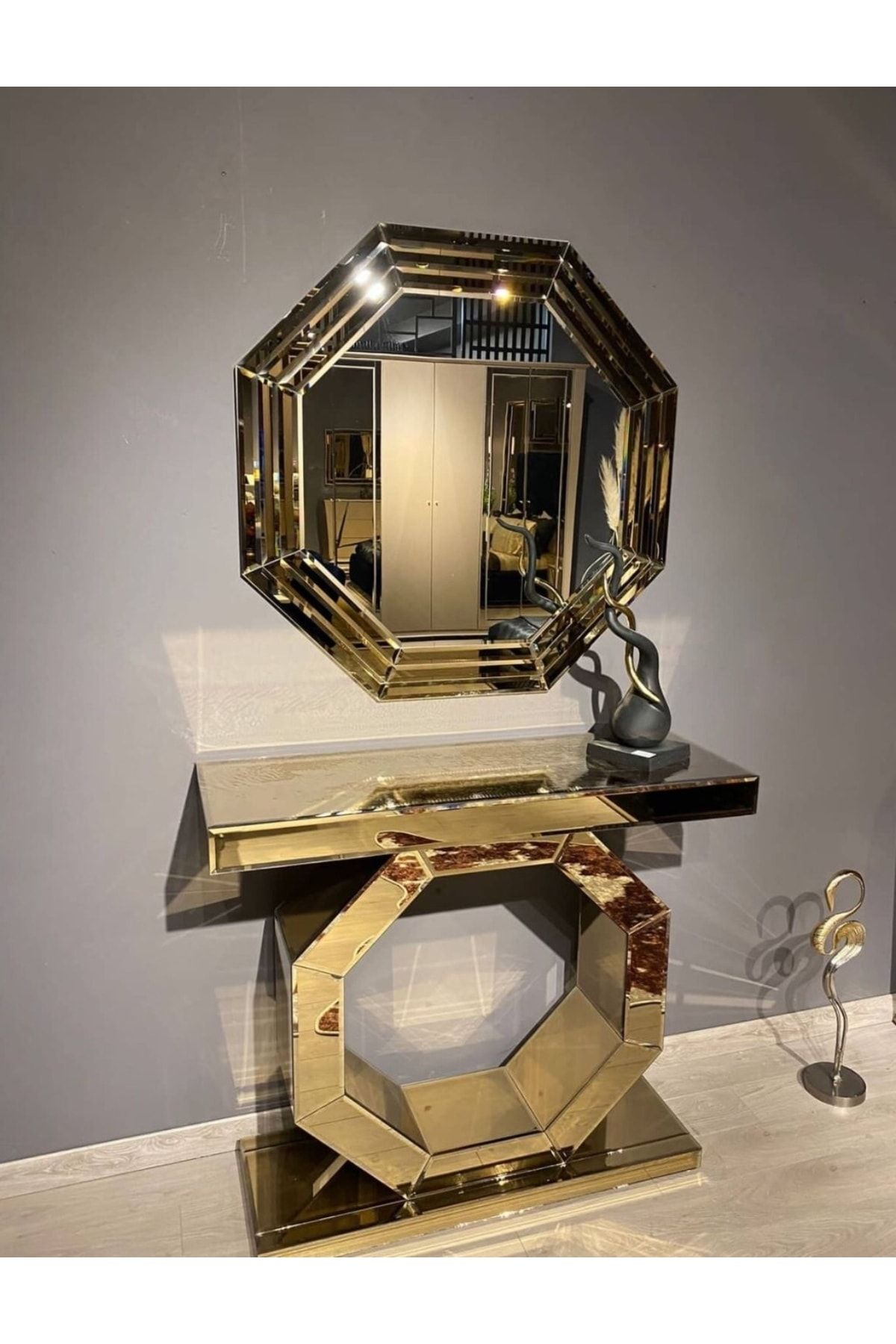 LUXURY VİLLA Luxury Gold Aynalı Dresuar Set 100x35 Yükseklik 82cm