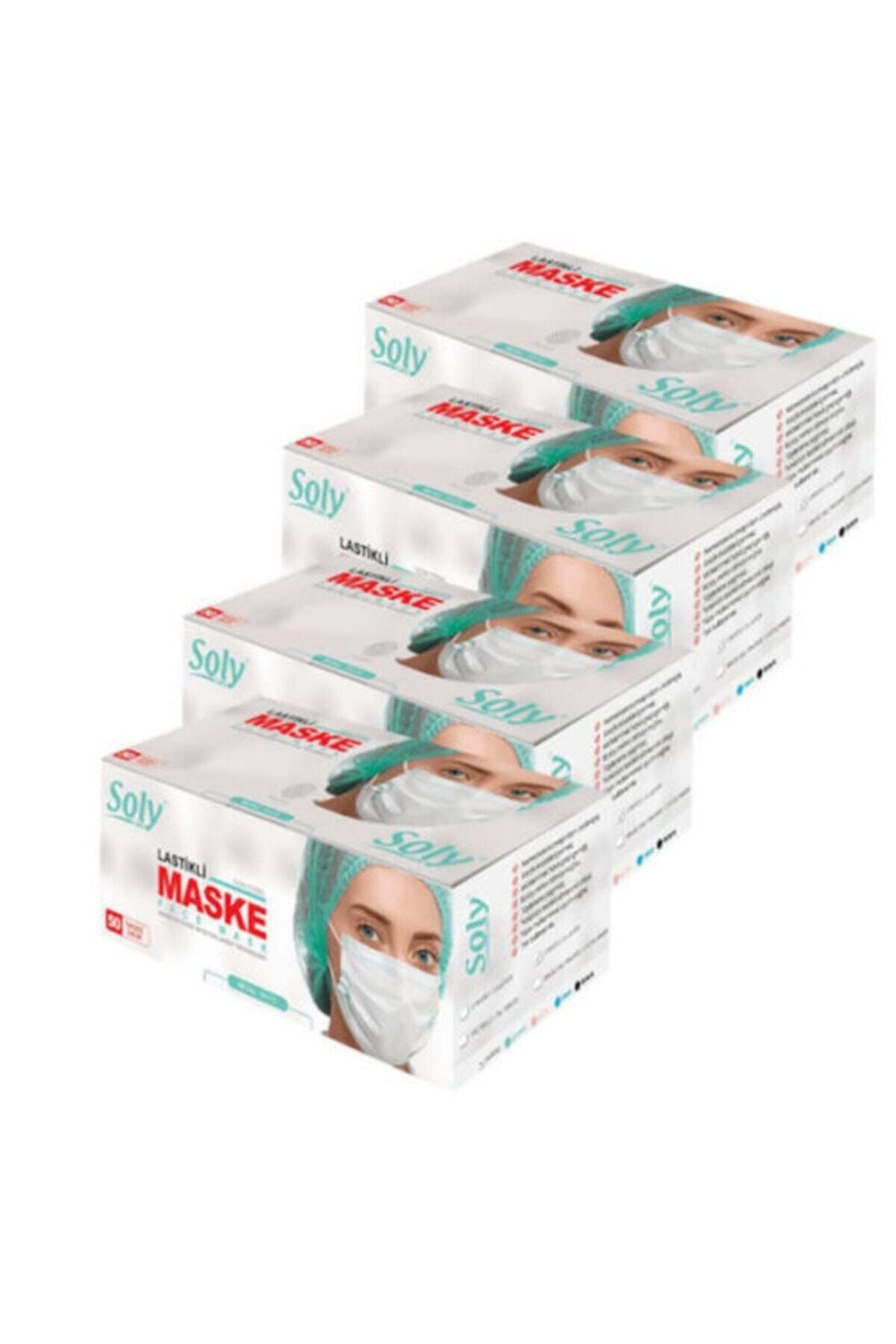 Soly Beyaz Care Cerrahi Maske  Üç Katlı Lastikli Burun Telli 50'li 4 Kutu