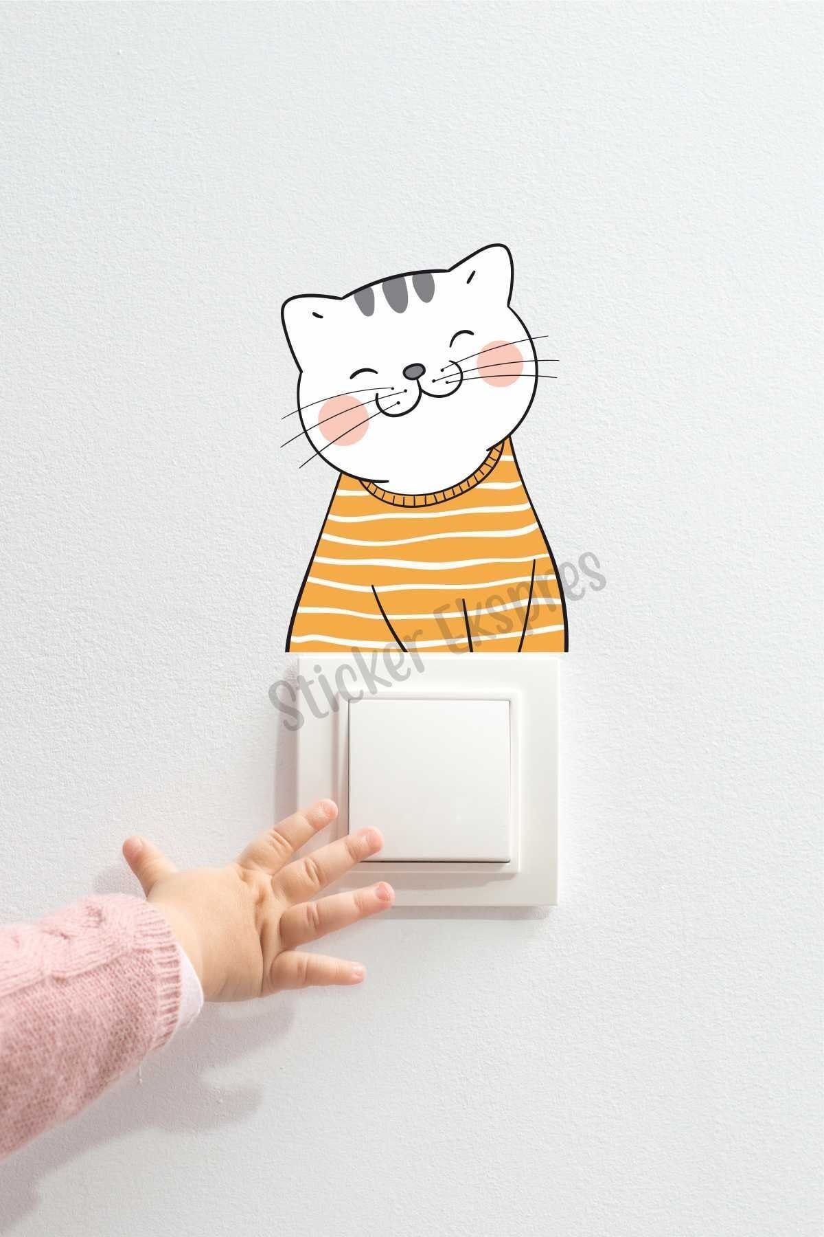 Sticker Ekspres Çizgili Sevimli Kedi Çocuk Odası Priz Sticker