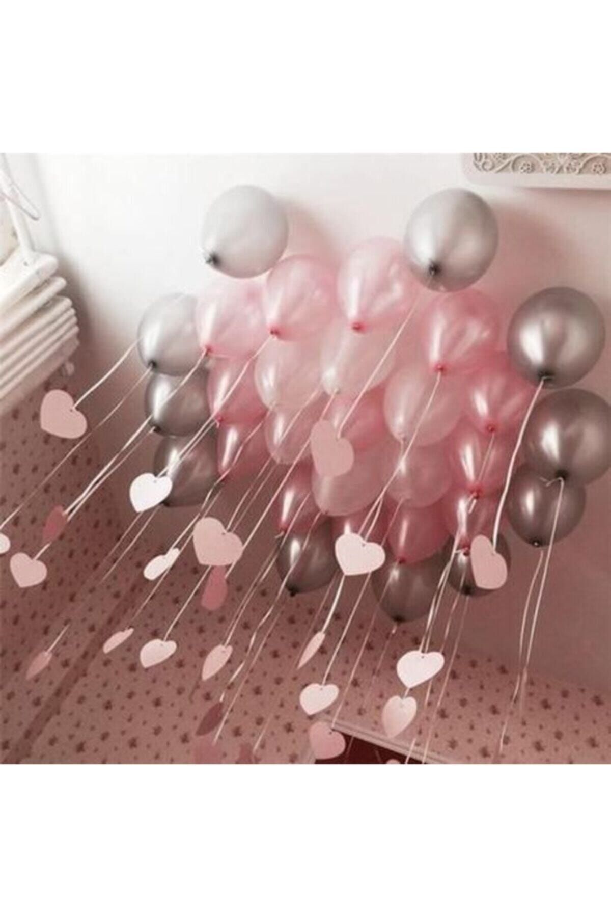 MERİ PARTİ 100 Adet Pembe Gri Renk Metalik Balon Doğum Günü Balon Pembe Gri