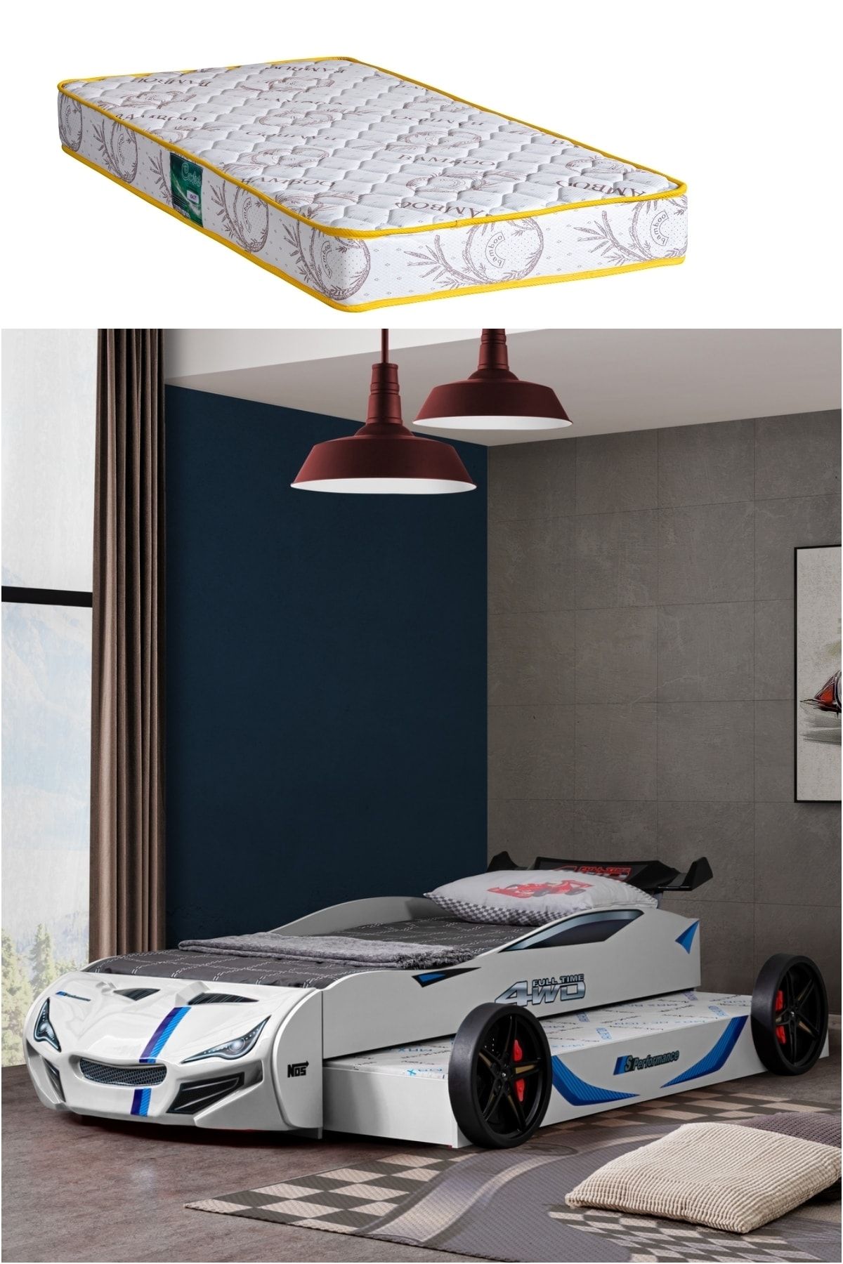 Setay Beyaz Merso Yavrulu Rüzgarlıklı Araba Yatak + Comfort Yatak