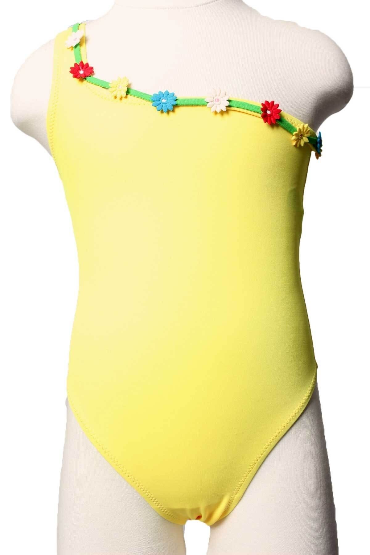 Sude Kız Çocuk Sarı Tek Omuz Askı Modelli Papatya Süslemeli Düz Mayo 119