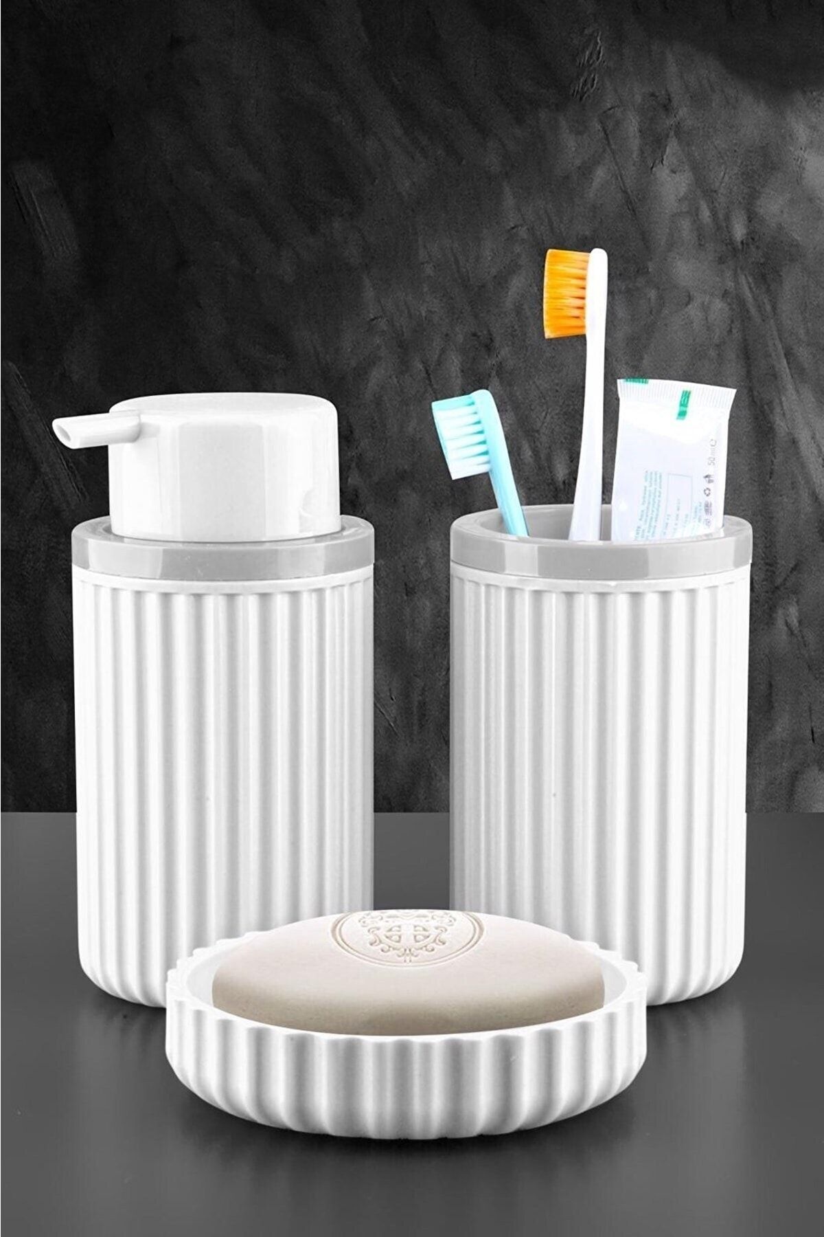 Sas Haus Banyo Takımı Diş Fırçalık Sıvı Sabunluk Katı Sabunluk 3'lü Set Beyaz