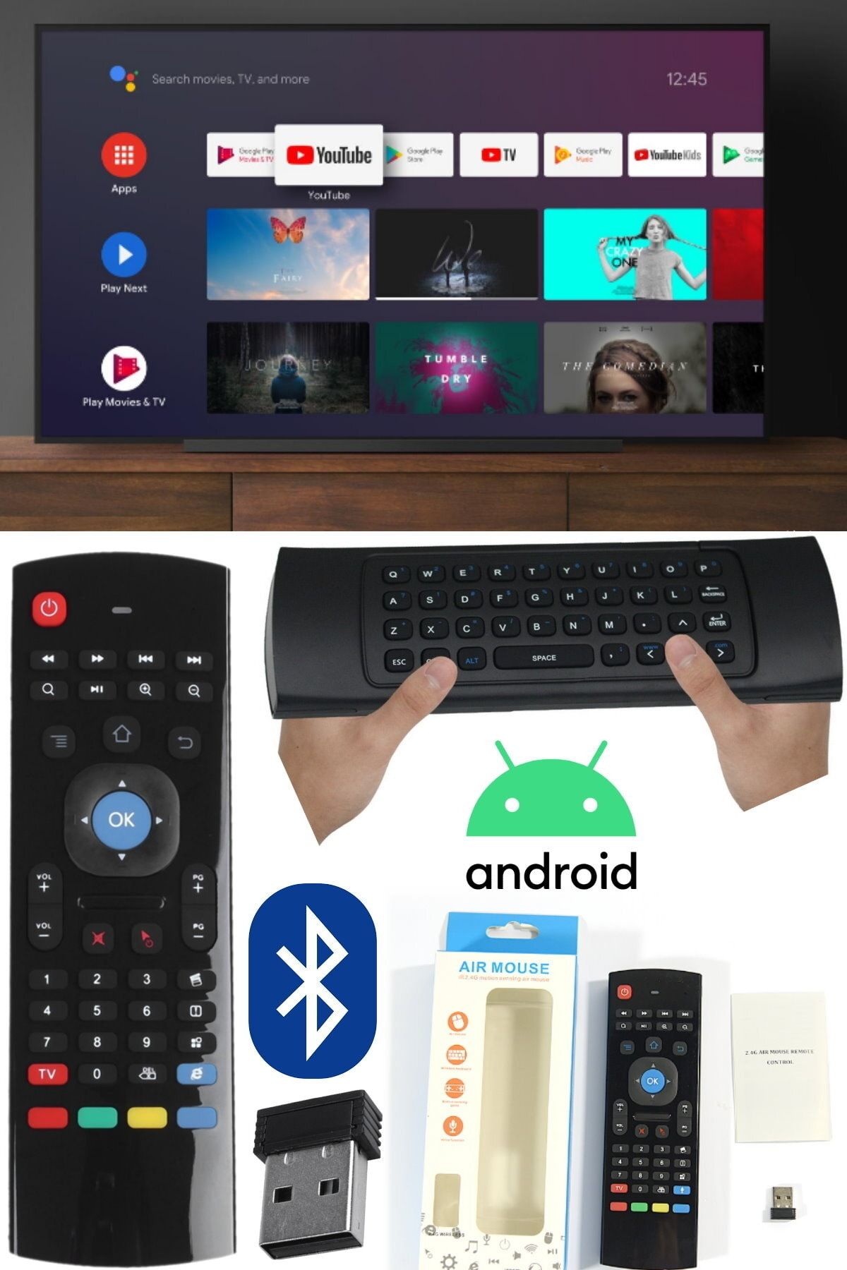 Utelips Android Akıllı Tvler Için Kablosuz Uzaktan Kumanda Smart Tv Box Pc Şarjlı Klavyeli Çift Taraflı Maus