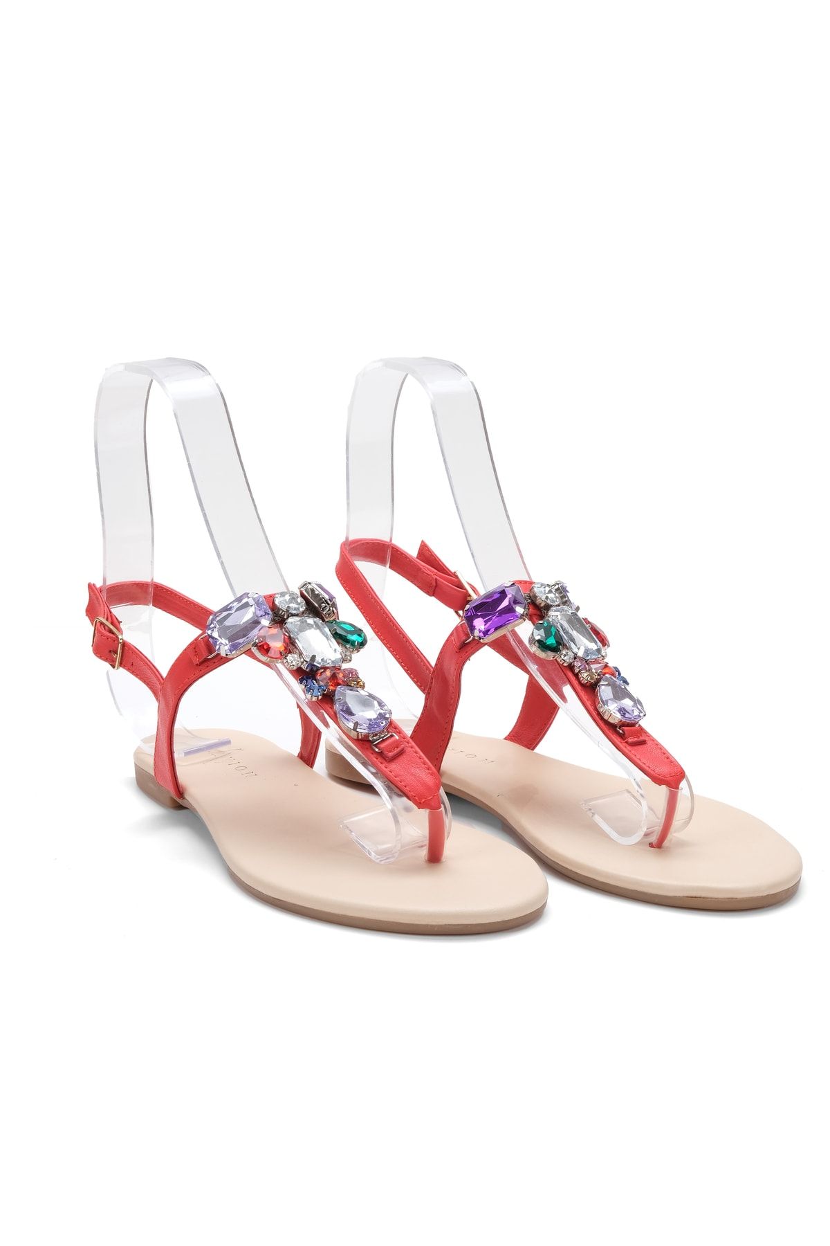 Oblavion Lavion Yeni Sezon Hakiki Deri Kırmızı Bej Çok Renkli Günlük Taşlı Kadın Sandalet
