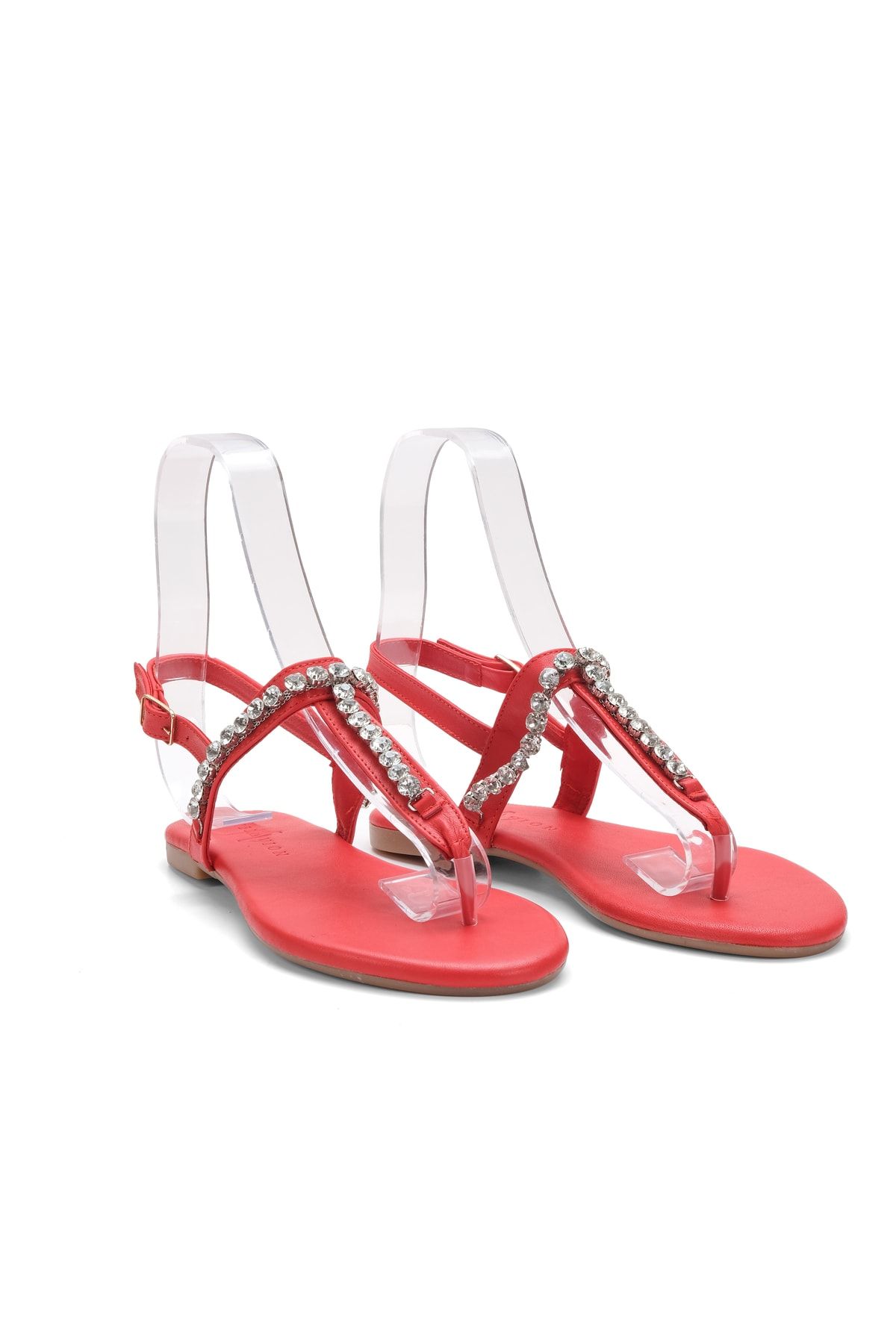 Oblavion Lavion Yeni Sezon Hakiki Deri Kırmızı Yuvarlık Taşlı Günlük Kadın Sandalet