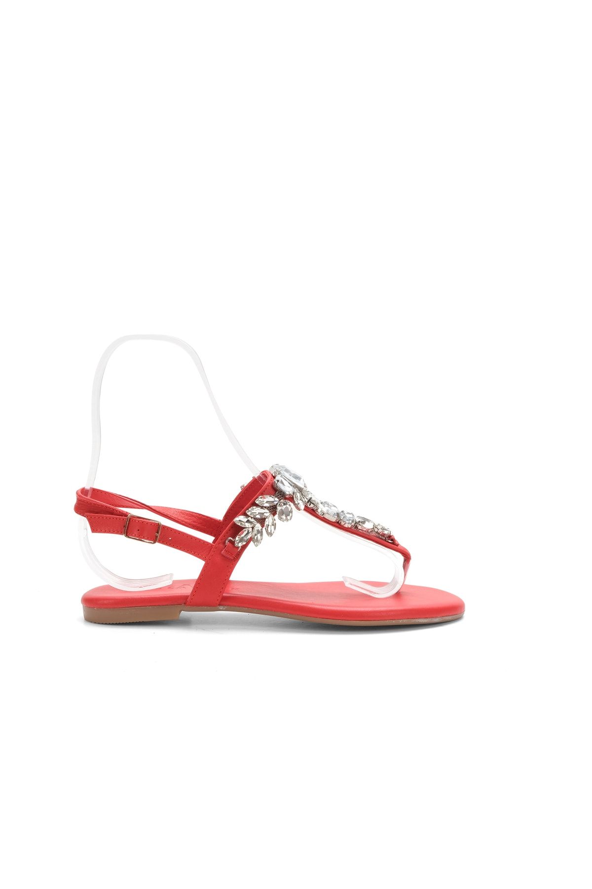 Oblavion Lavion Yeni Sezon Hakiki Deri Kırmızı Kristal Taşlı Günlük Kadın Sandalet