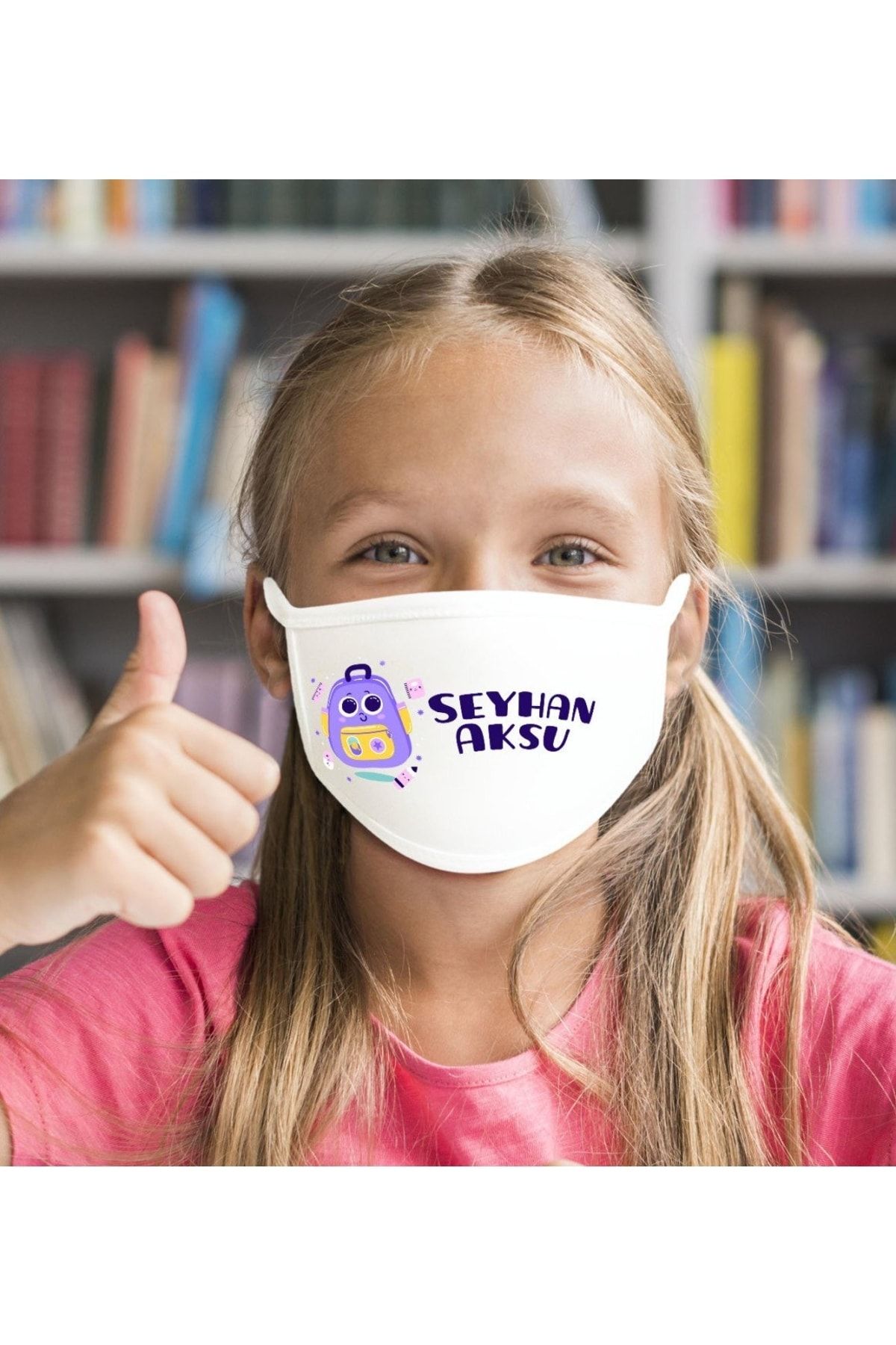 Bk Gift Çocuklara Özel Isimli Yıkanabilir Beyaz Okul Maskesi-12