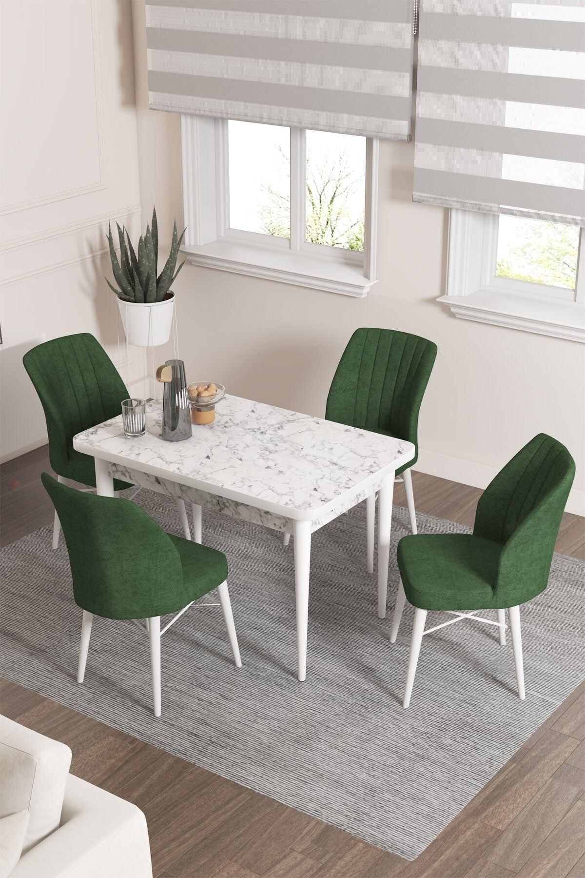 Rovena Neri Beyaz Mermer Desen 70x110 Sabit Mutfak Masası 4 Sandalye
