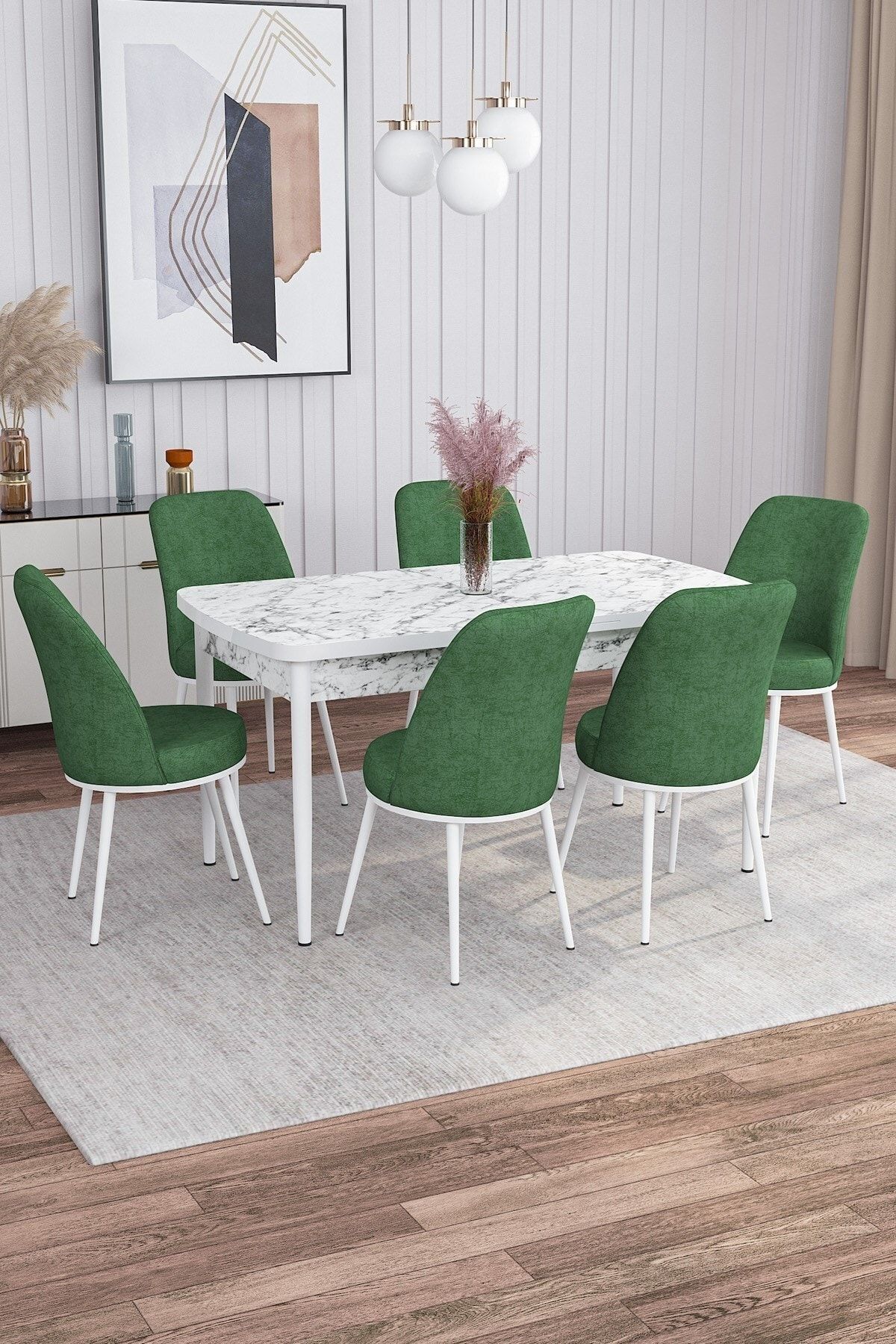 Rovena Marin Beyaz Mermer Desen 80x132 Açılabilir Mutfak Masası Takımı 6 Adet Sandalye