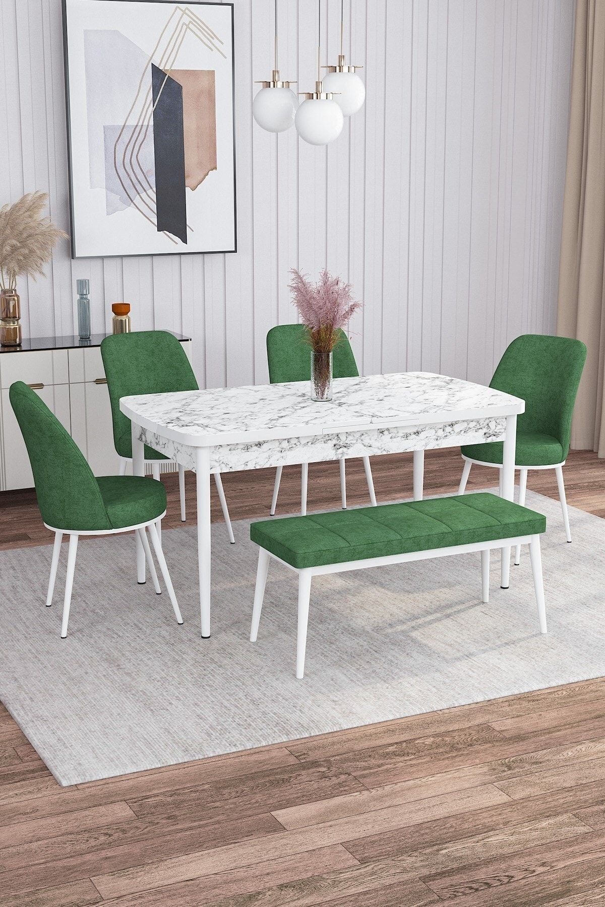 Rovena Marin Beyaz Mermer Desen 80x132 Açılabilir Mutfak Masası Takımı 4 Sandalye, 1 Bench
