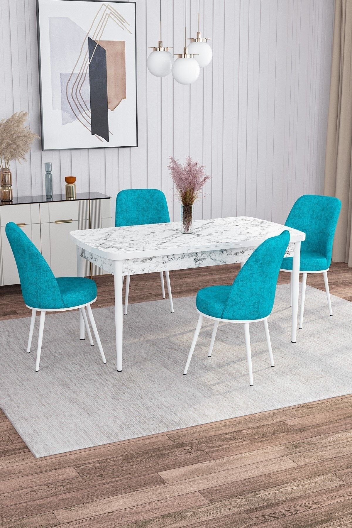 Rovena Marin Beyaz Mermer Desen 80x132 Açılabilir Mutfak Masası Takımı 4 Adet Sandalye