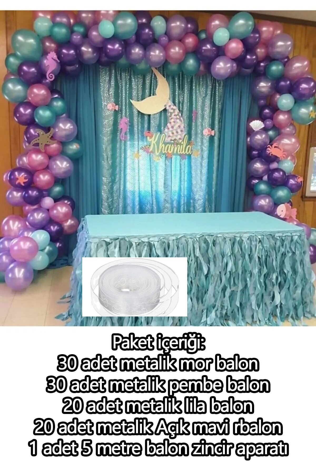 Parti Dolabı 100lü Deniz Kızı Konsept Metalik Balon Ve Balon Zinciri (30 Mor,30 Pembe, 30 Lila, 20 Mavi,1 Zincir)