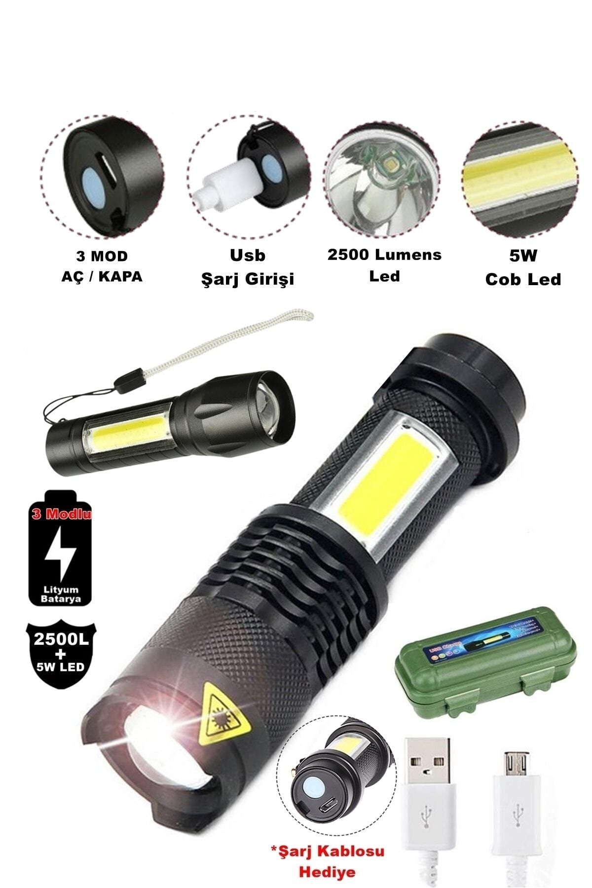 Genel Markalar Tak-02 Ultra Güçlü 2500 Lumens + 5w Cob Led Usb Şarjlı El Feneri Kutulu Kamp Feneri Avcılık Feneri