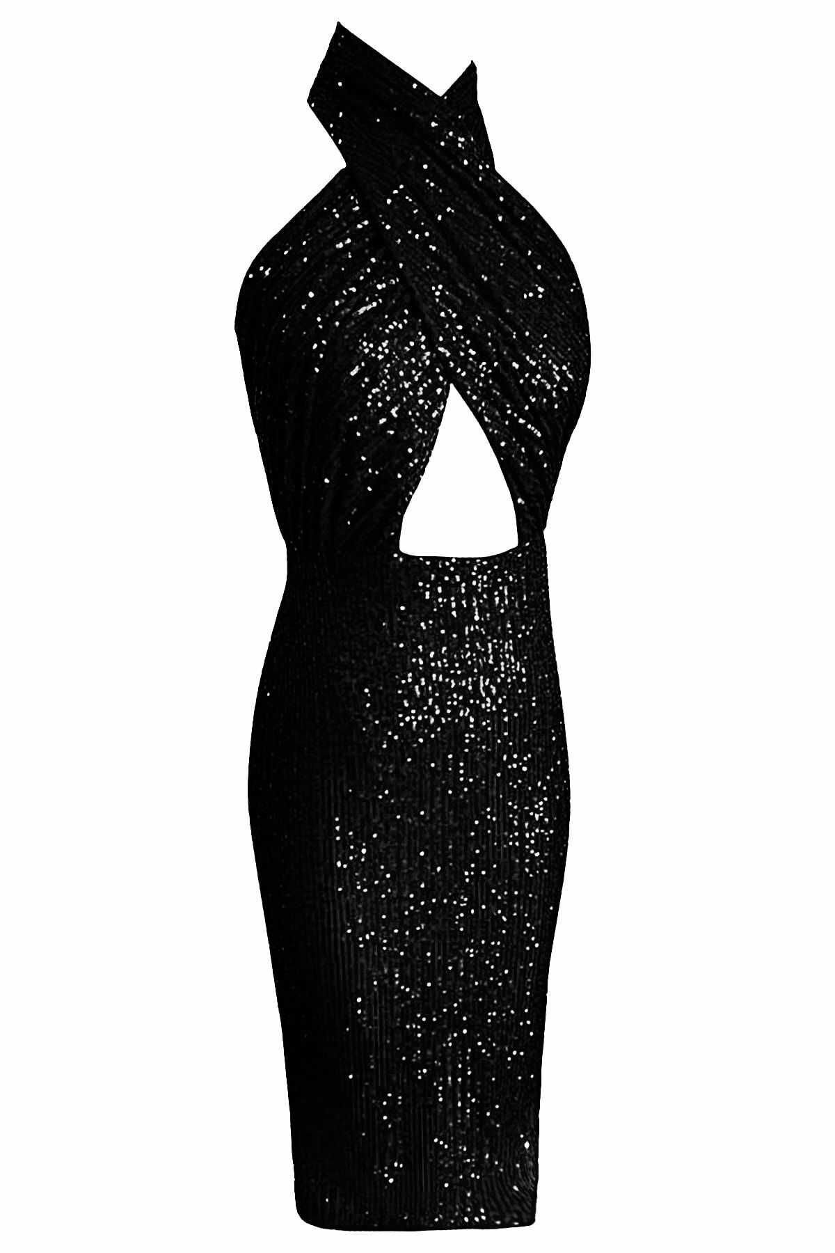 Gira official Siyah Payetli Çapraz Detaylı Midi Elbise