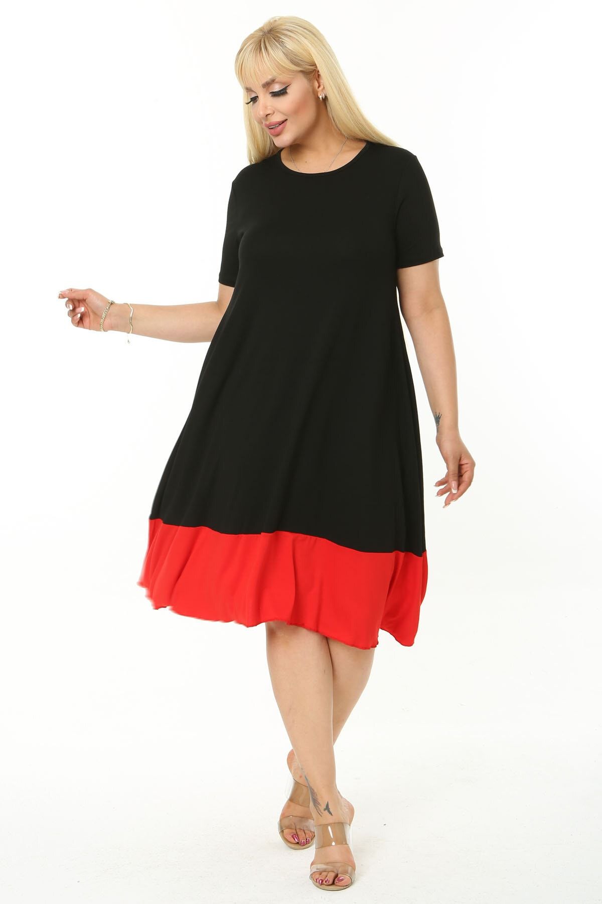 Madwilo Kadın Kırmızı Siyah Renk Bloklu Salaş Büyük Beden Elbise