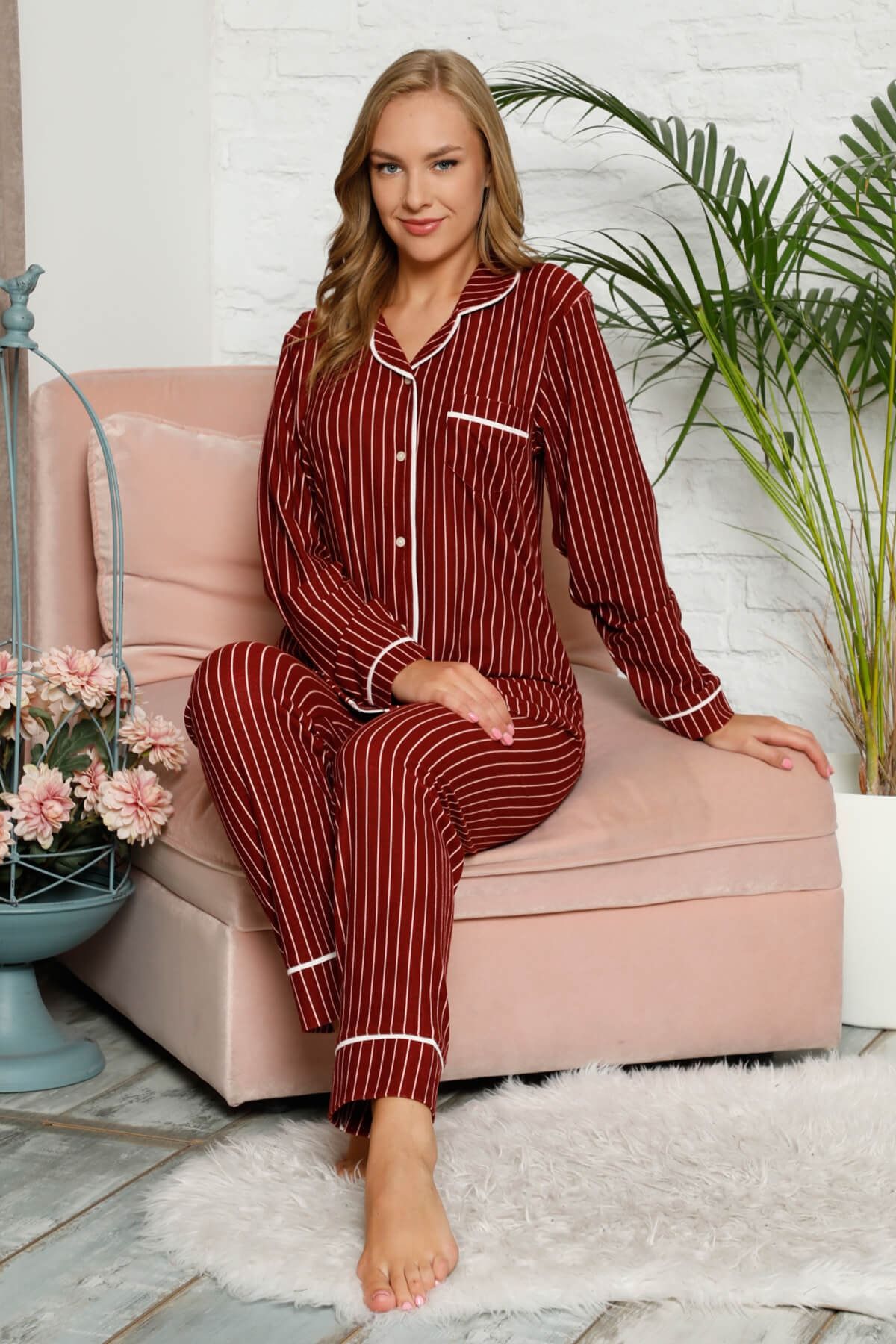 Mossta Kadın Bordo Kışlık Süet Pijama Takımı