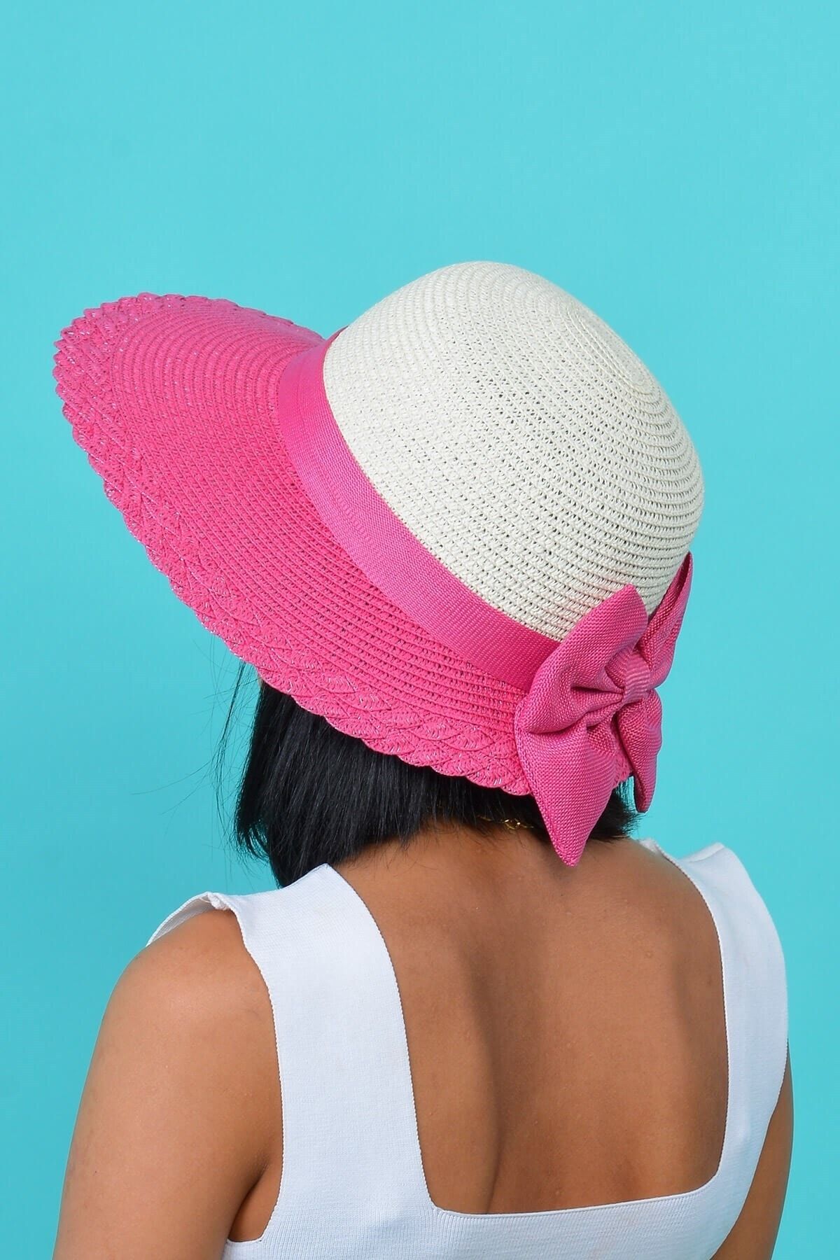 Mossta Kadın Fuşya Fiyonk Detaylı Hasır Şapka