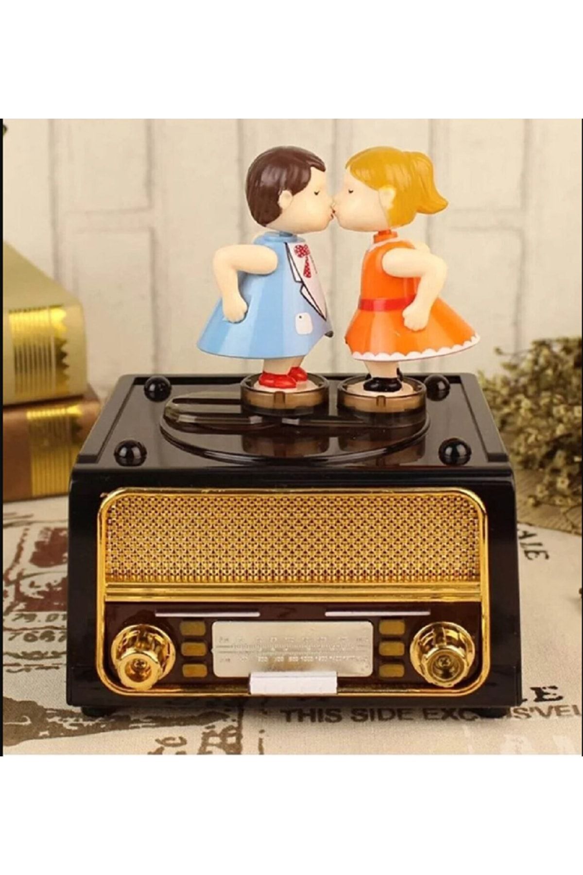 Genel Markalar Premium Özel Tasarım Nostaljik Radyo Görünümlü Romantik Öpücük Hareketli Müzik Kutusu